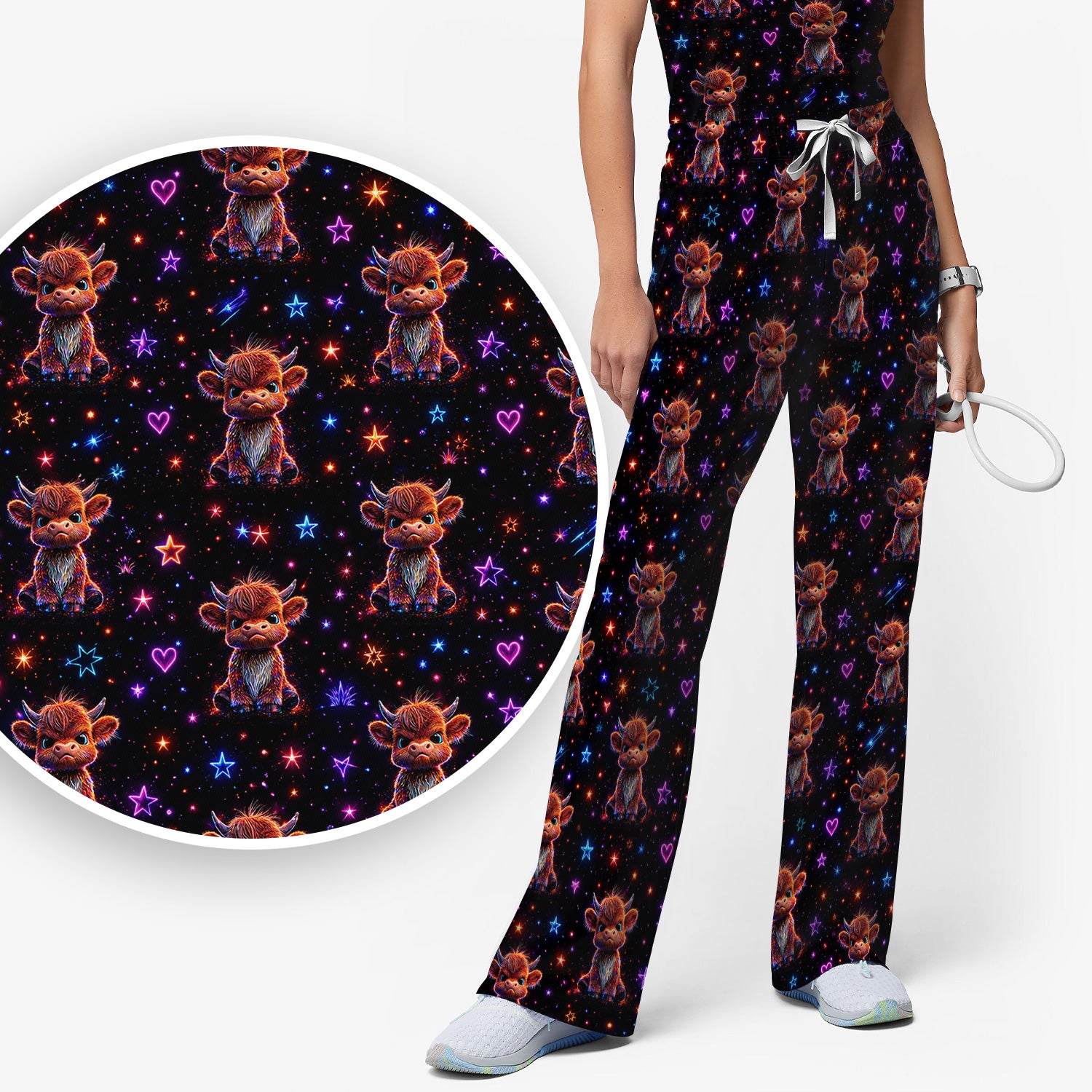 Neon Highland Cow Stars Pattern Scrub Set, Scrub Pants and V Neck Top