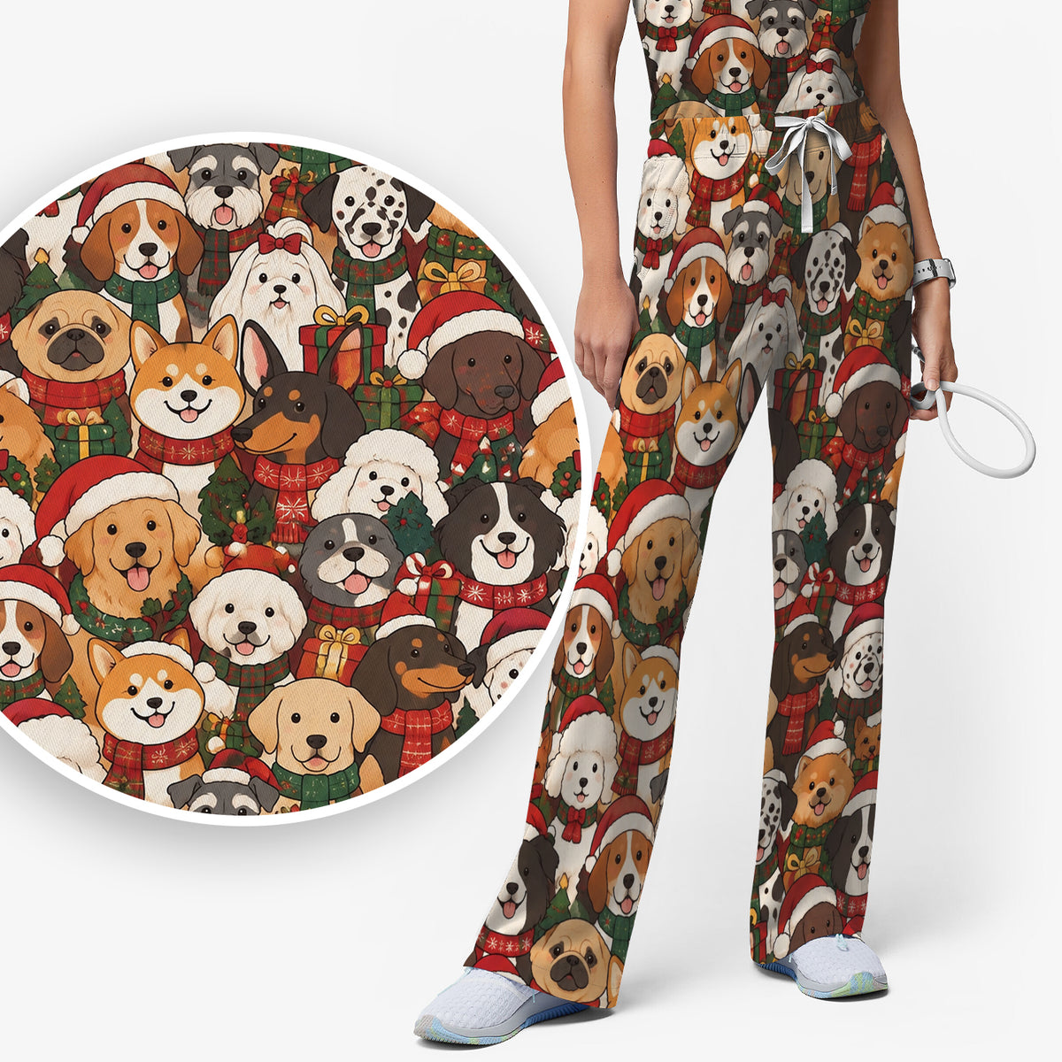 Christmas Dog Breeds Collage Pattern Scrub Set, Scrub Pants and V Neck Top