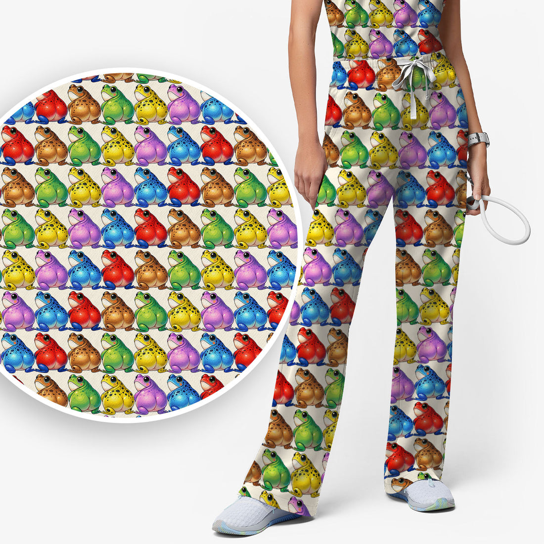 Funny Colorful Frogs Pattern Scrubs Sets, Scrub Pants and V Neck Top