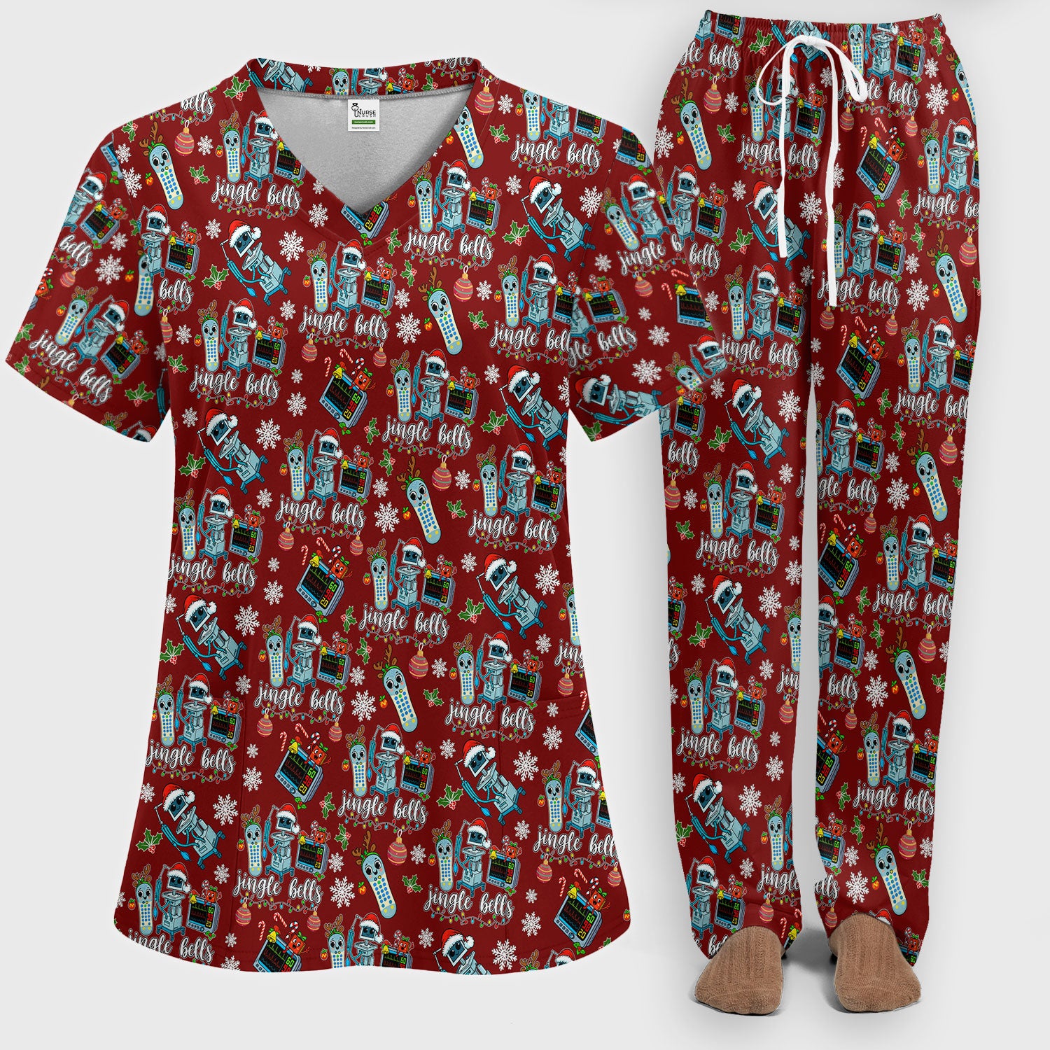 Funny Xmas Women's Scrub Sets - Jingle Bells Holiday Med Uniform -  Christmas Scrub Pants and V Neck Top for RN LPN CNA