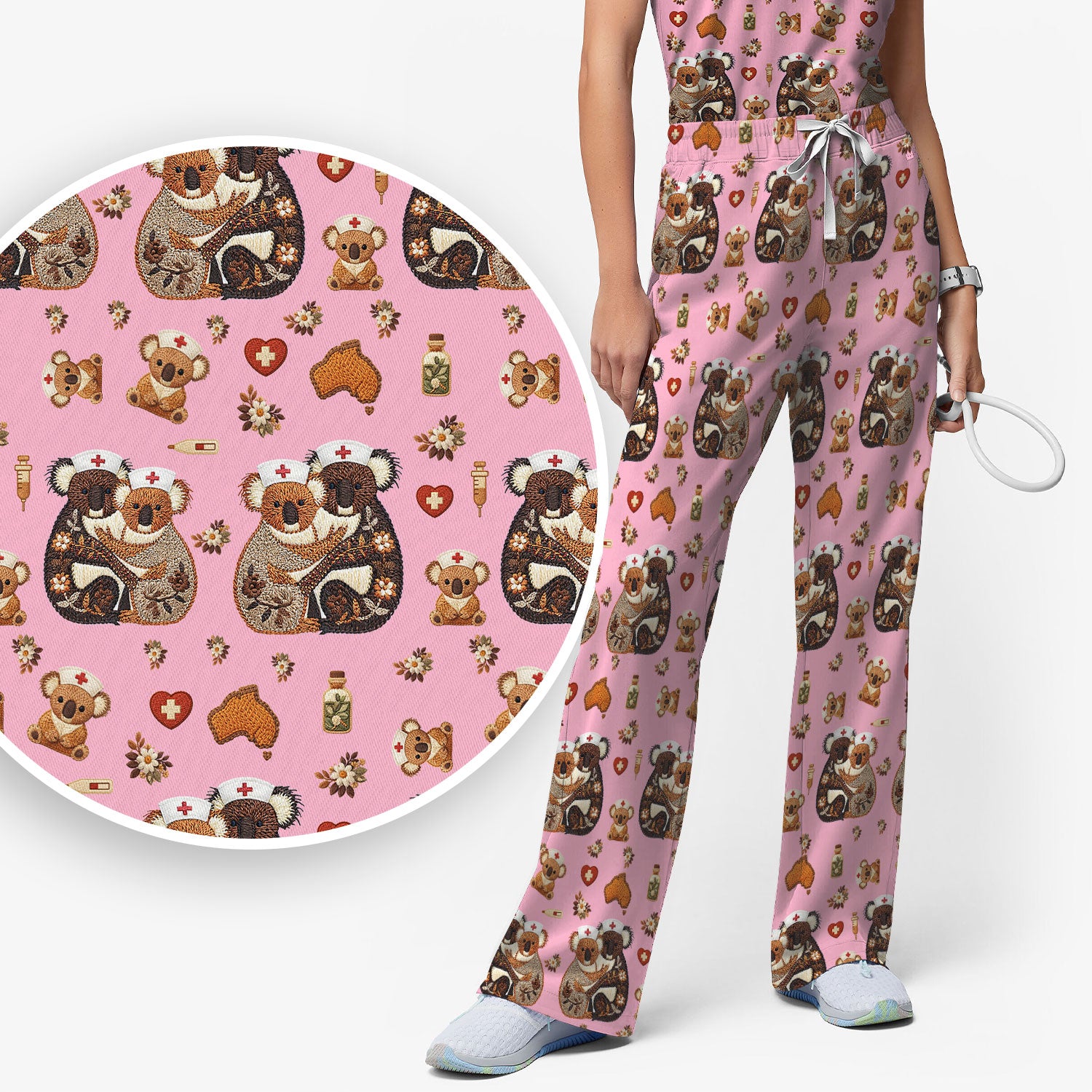 Cute Cartoon Koala Valentine Nurse Design Scrub Set, Breathable Med Uniform