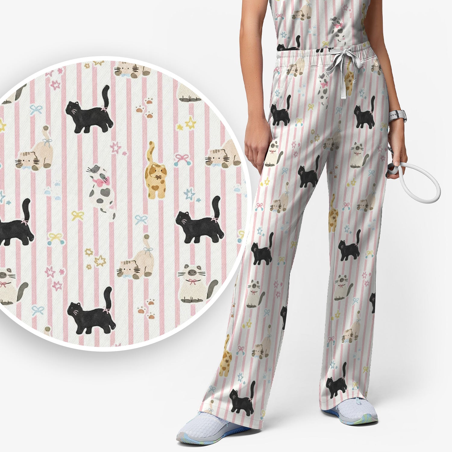 Cute Playful Cat Stripe Ribbon Pattern Scrub Set, Scrub Pants and V Neck Top