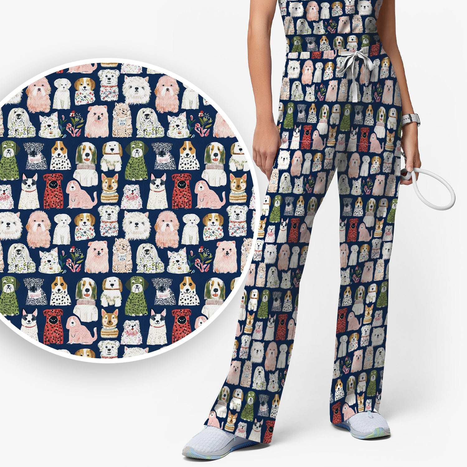 Cute Cartoon Dog Breeds Pattern Scrub Set, Breathable Med Uniform