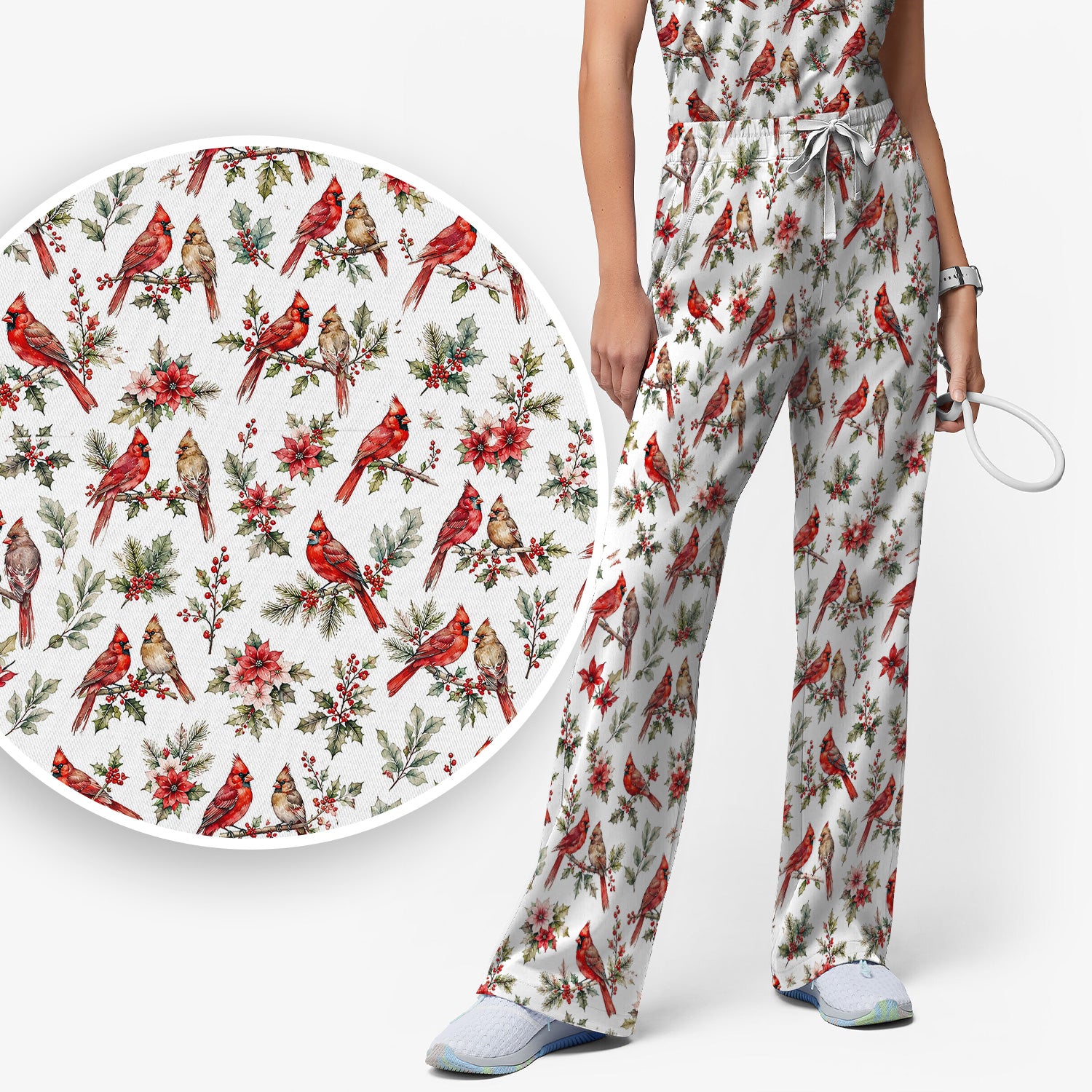 Festive Cardinal and Holly Scrub Set, Scrub Pants and V Neck Top