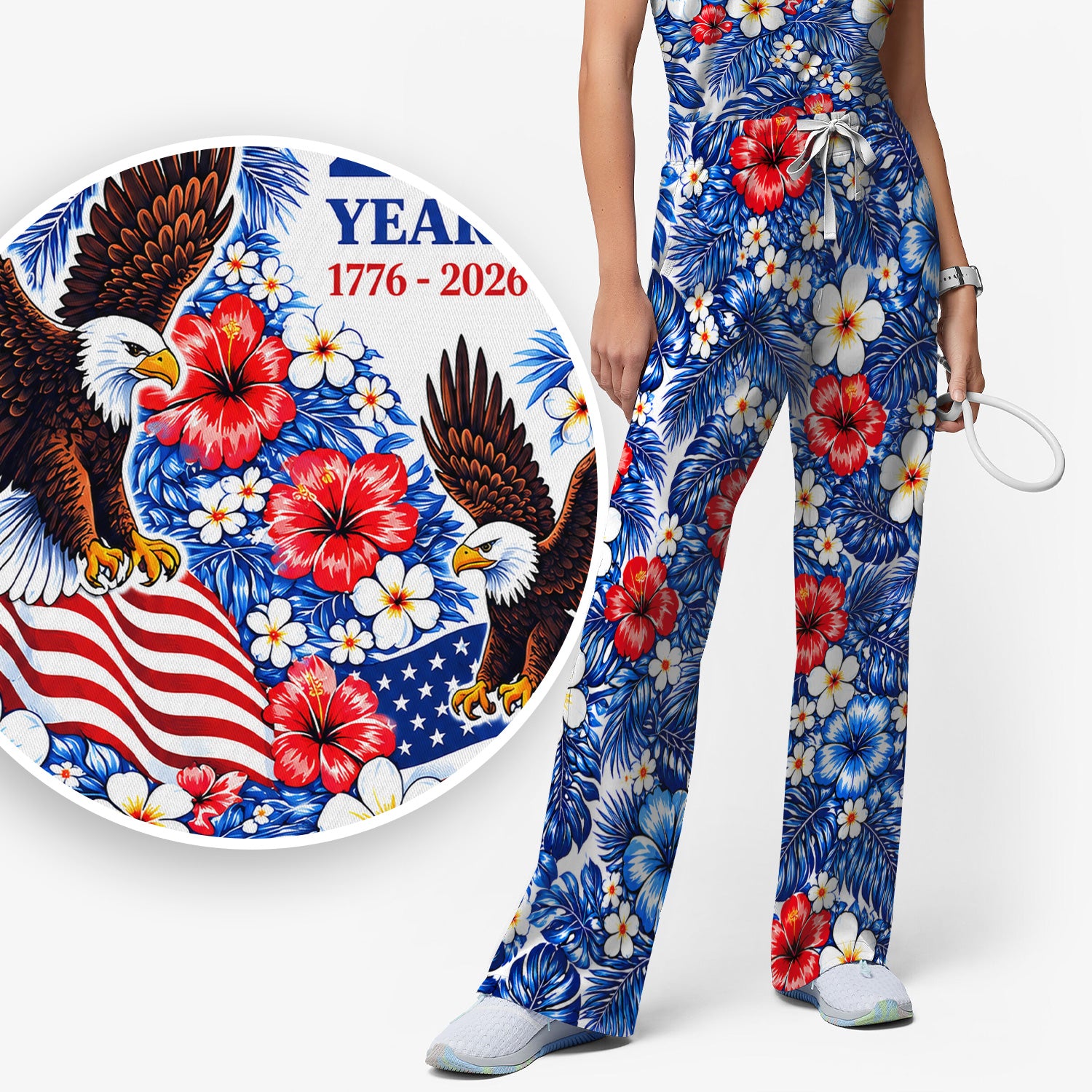 Patriotic Eagle Floral Pattern, America 250 Medical Scrub Set, Scrub Pants and V Neck Top