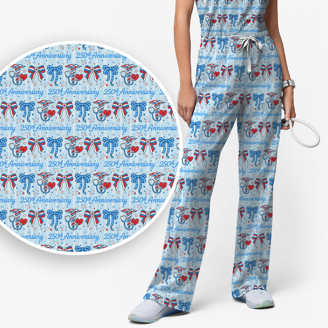 Festive 250th Anniversary Nurse Ribbon Heart Pattern Scrub Set, Scrub Pants and V Neck Top