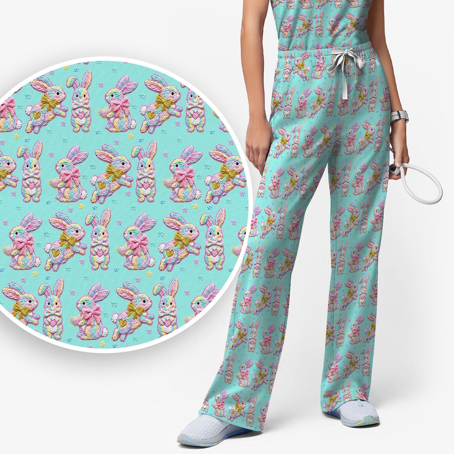 Cartoon Bunny All Over Print Set, Scrub Pants and V Neck Top