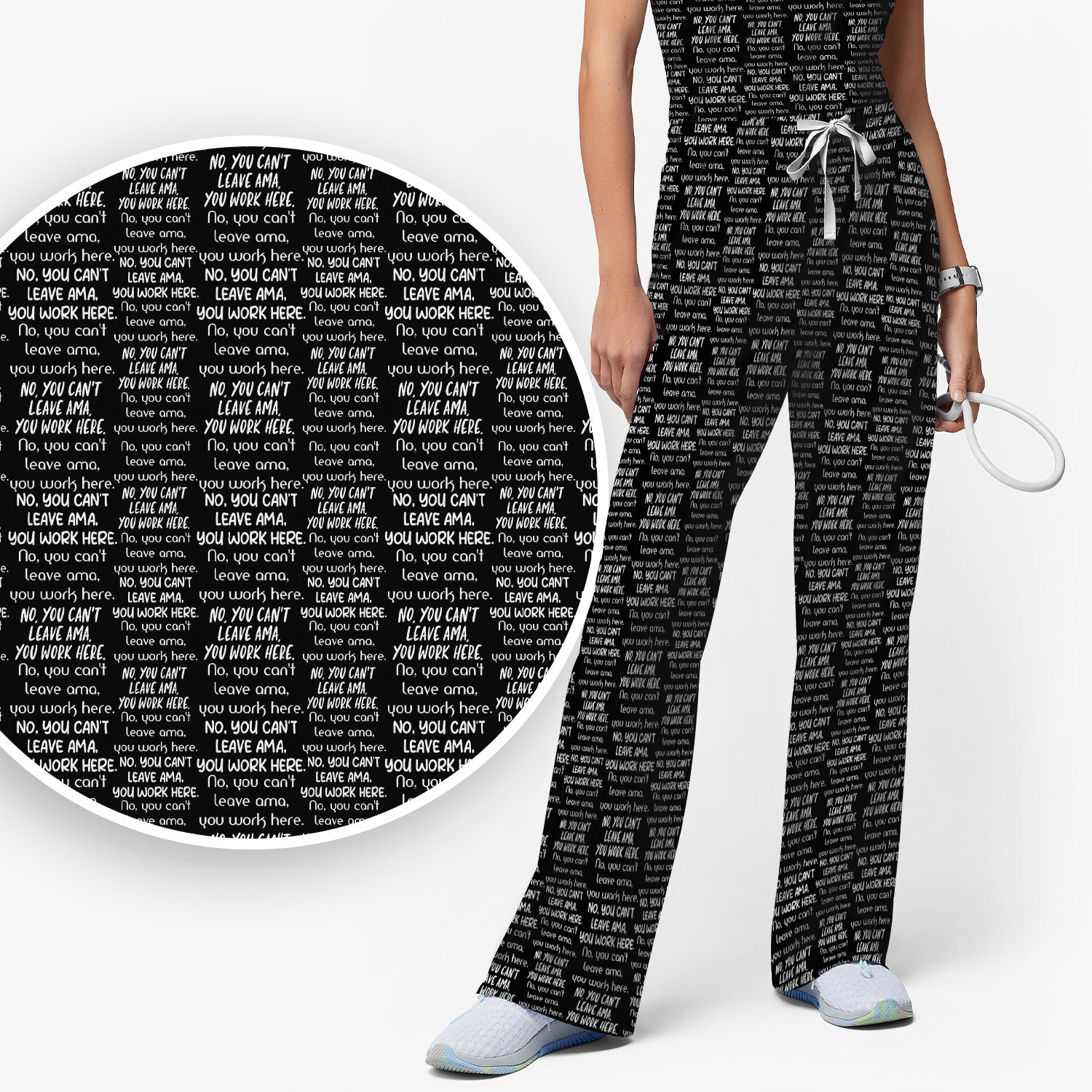 Funny Repeating Nurse Work Quote Text Pattern Scrub Set, Scrub Pants and V Neck Top