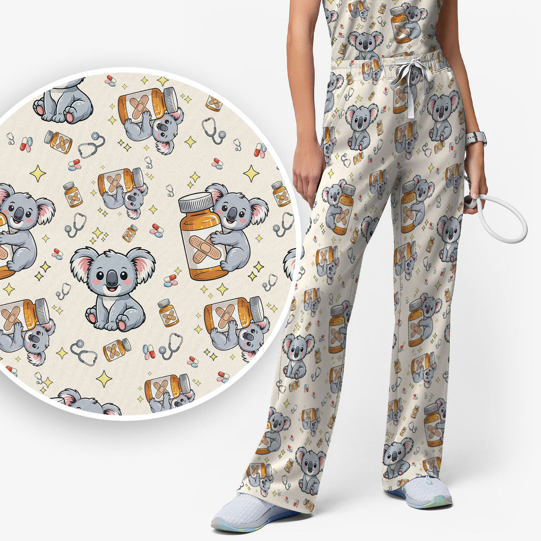 Cute Koala Nurse Bandage Medicine Print Scrub Set, Breathable Med Uniform