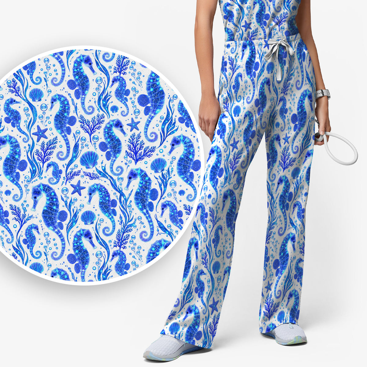 Blue Ocean Seahorse Pattern Scrub Set, Scrub Pants and V Neck Top
