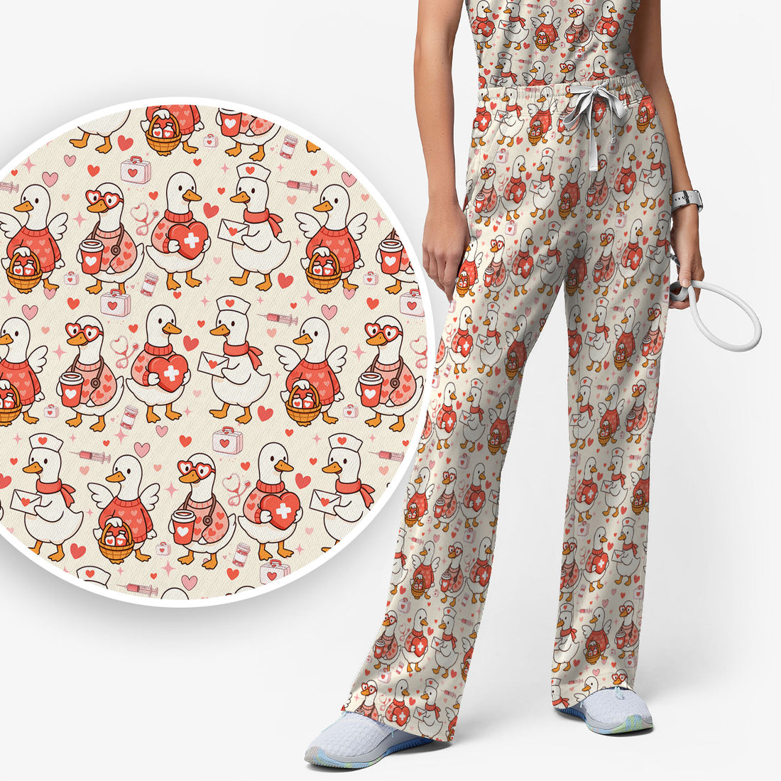Valentine Goose Nurse Scrub Set, Heart Medical Pattern Nurse Shirt, Breathable Fabrics Nursing Uniform