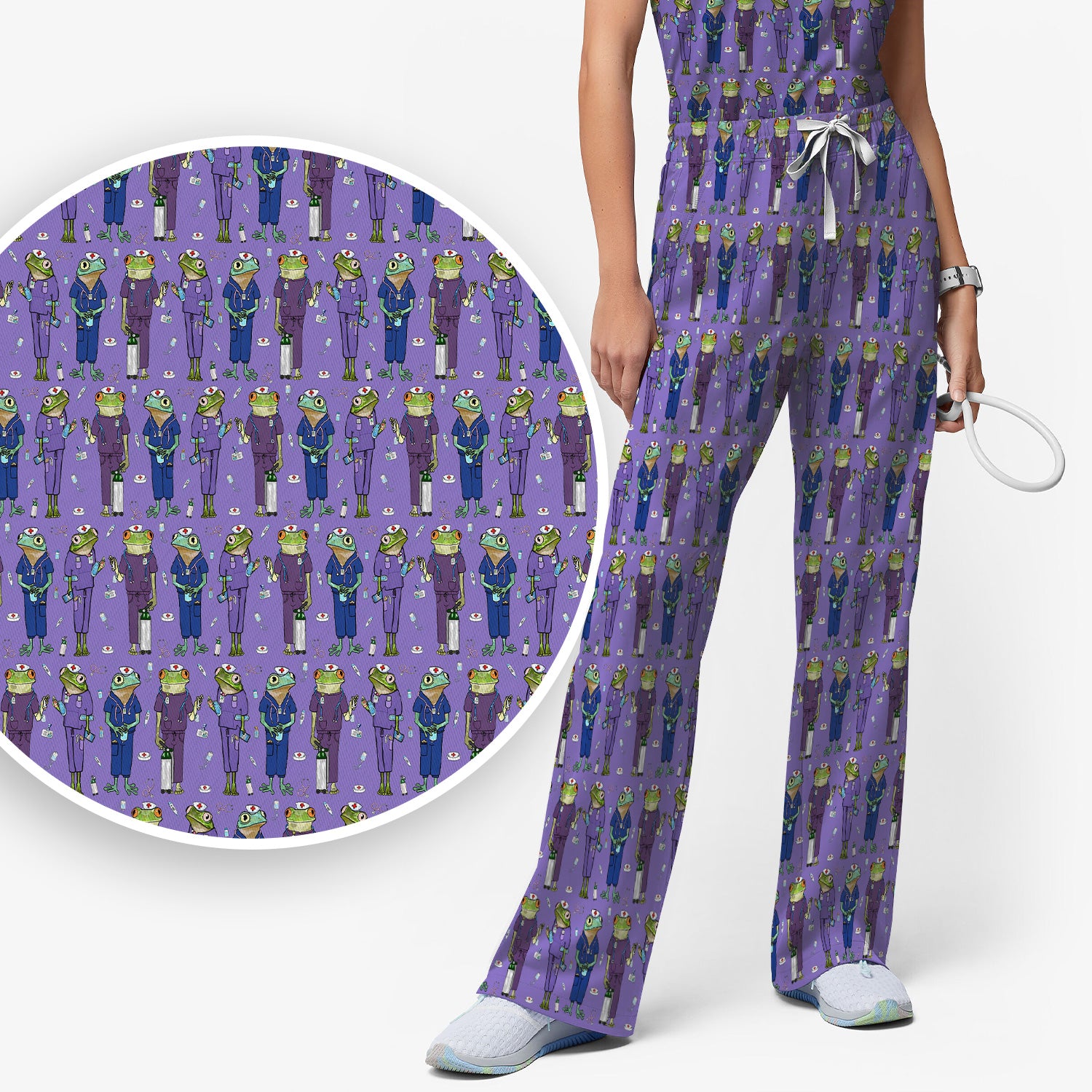 Frog Nurse Pattern V Neck Medical Scrub Set for Healthcare Workers