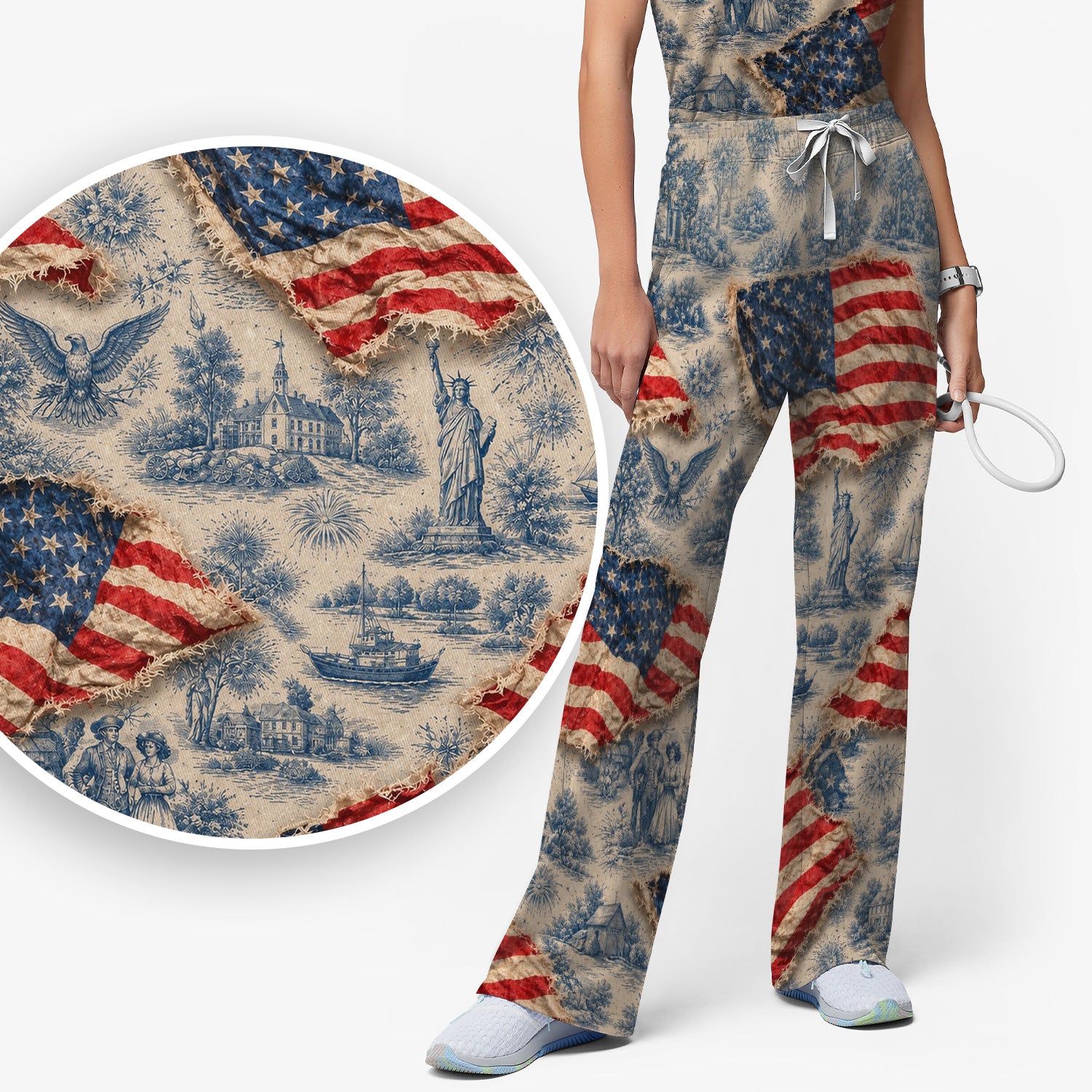 Vintage American Flag Toile Pattern Scrub Set, Scrub Pants and V Neck Top