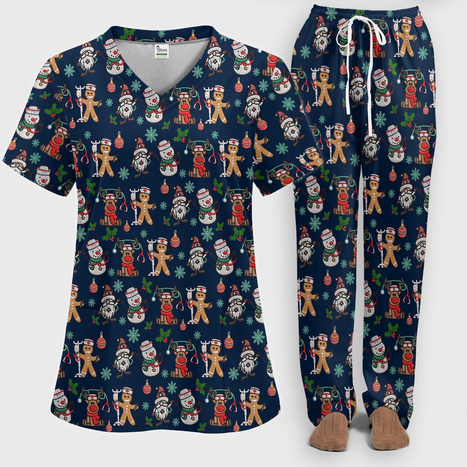 Reindeer Christmas Women's Scrub Sets - Gingerbread Cookies and Santa Claus Medical Uniform - Comfortable Scrubs for Nurses