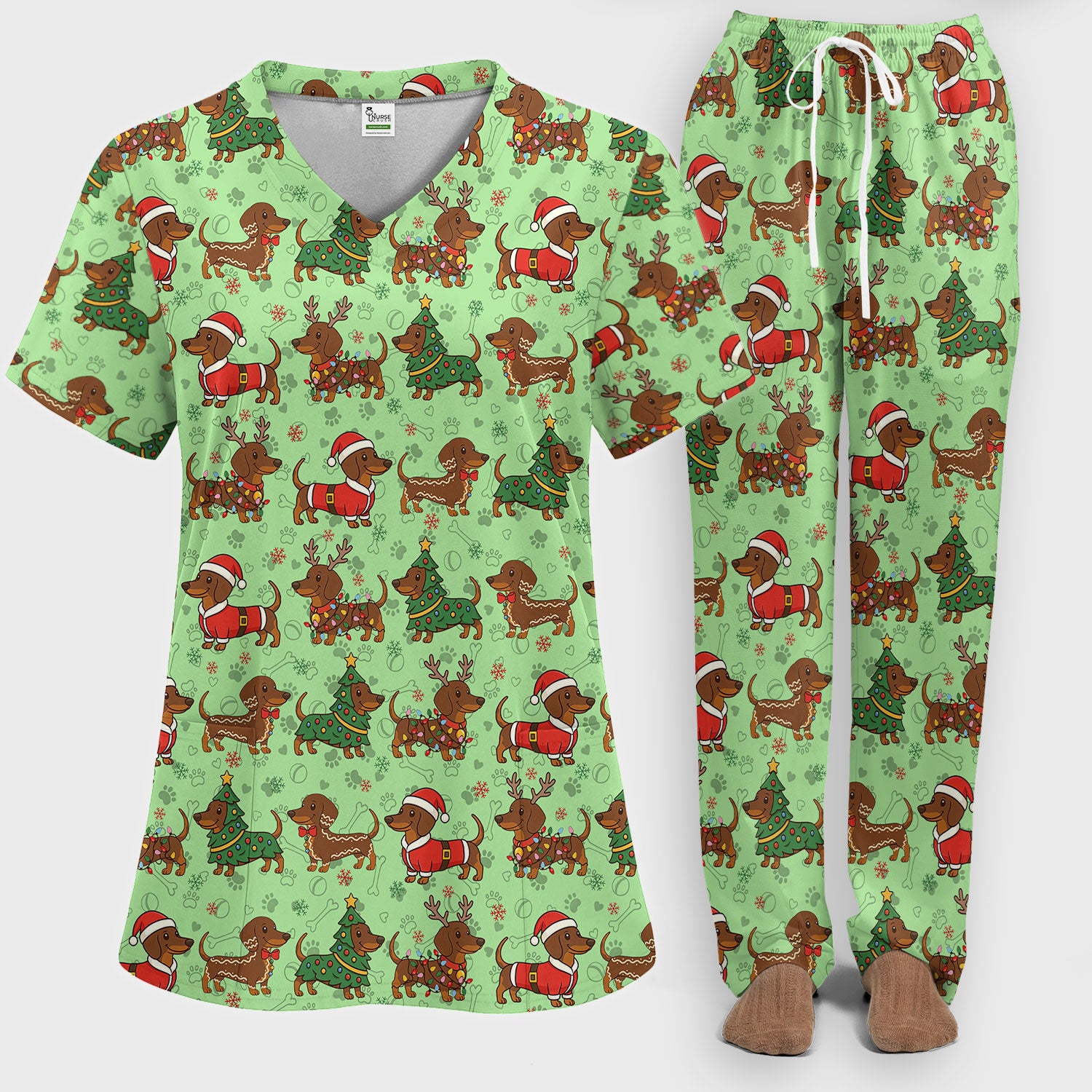 Christmas Weenie Dog Scrub Sets - Xmas Dachshund Scrub Pants - Cute Sausage Puppy V Neck Top - Ugly Sweater for Pet Lover
