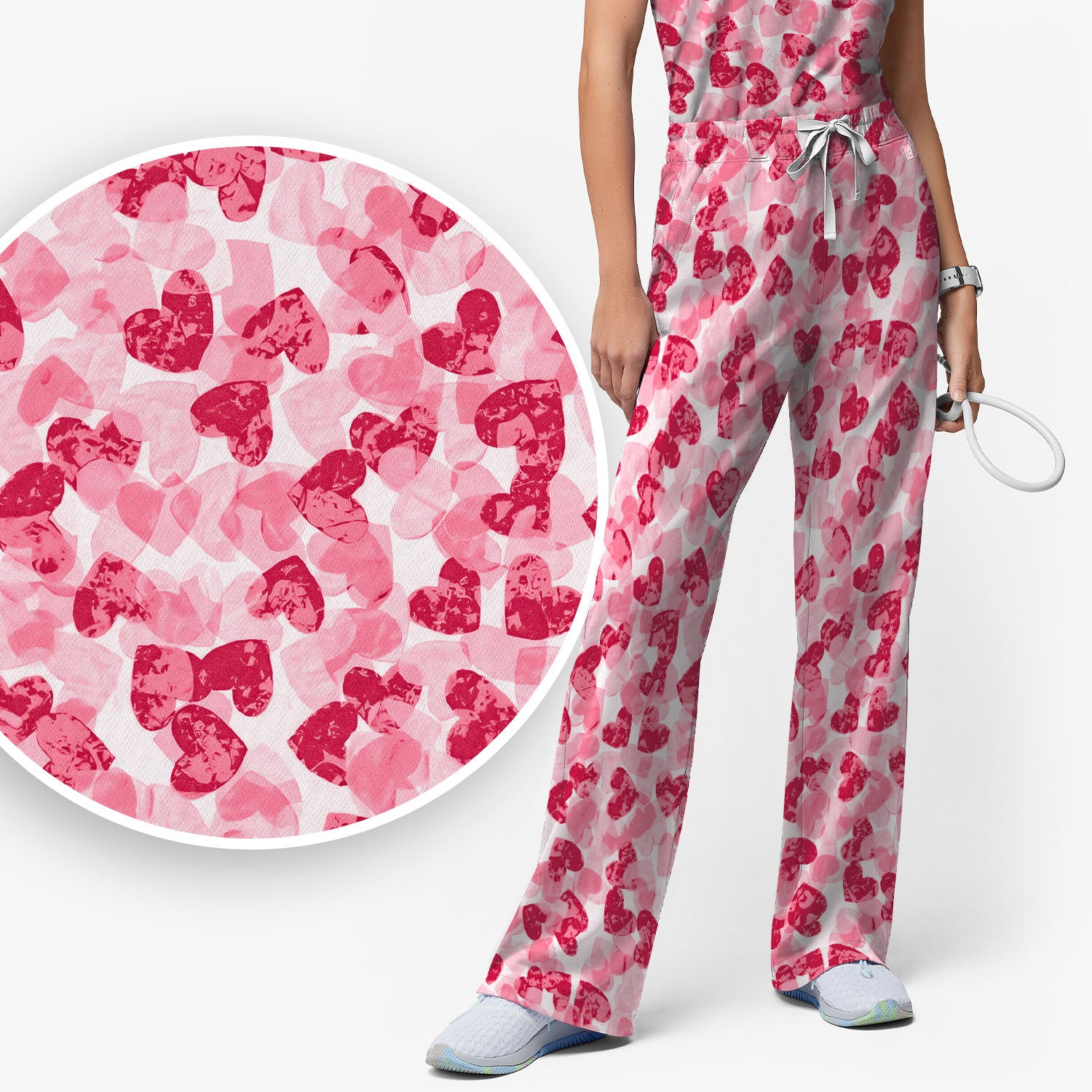 Valentine Heart Pattern Medical Scrub Set, Women's Scrub Sets