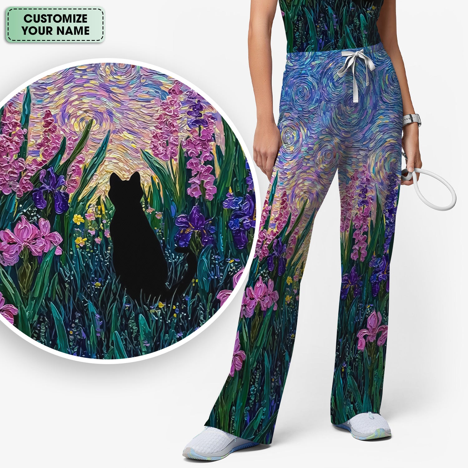 Cat Under Starry Sky Pattern Scrub Set, Scrub Pants and V Neck Top