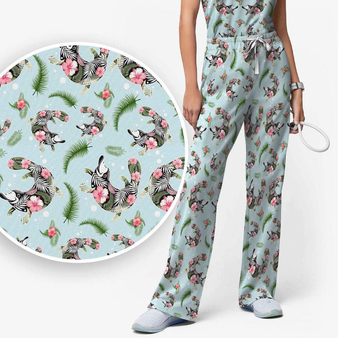 Cute Platypus Scrub Set, Tropical Floral Animal Pattern Nurse Shirt, Breathable Fabrics Nursing Uniform