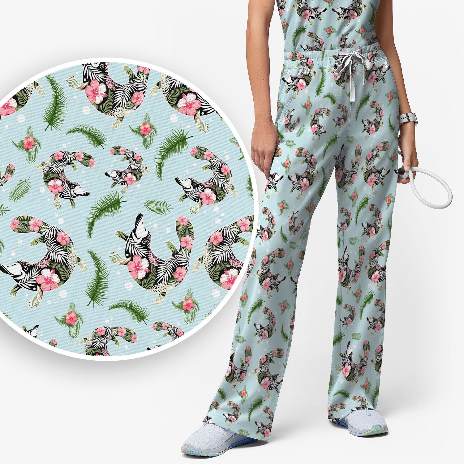 Cute Platypus Scrub Set, Tropical Floral Animal Pattern Nurse Shirt, Breathable Fabrics Nursing Uniform