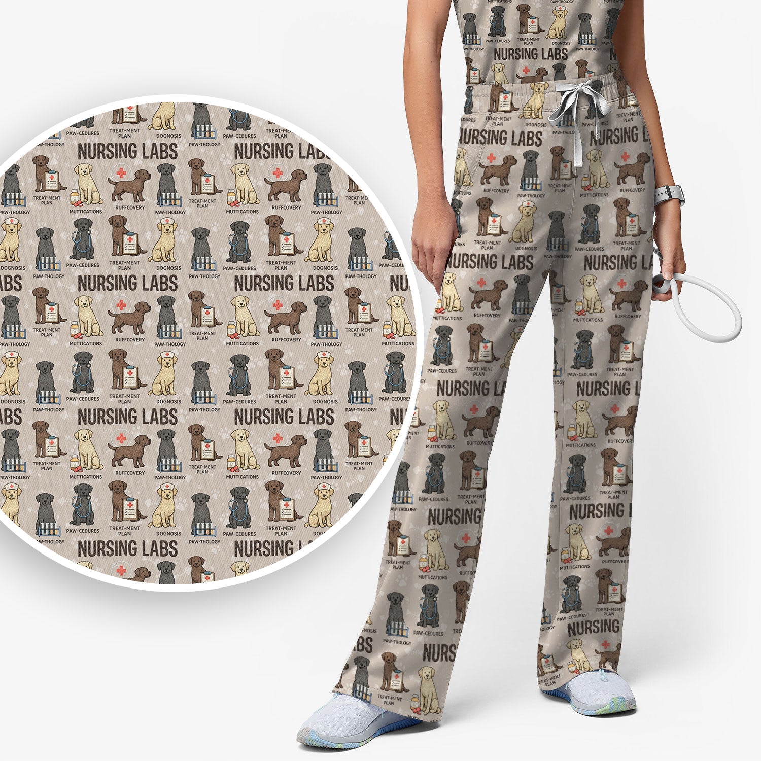 Playful Nursing Labs Dog Pattern Scrub Set, Nurse Uniform Scrubs Set