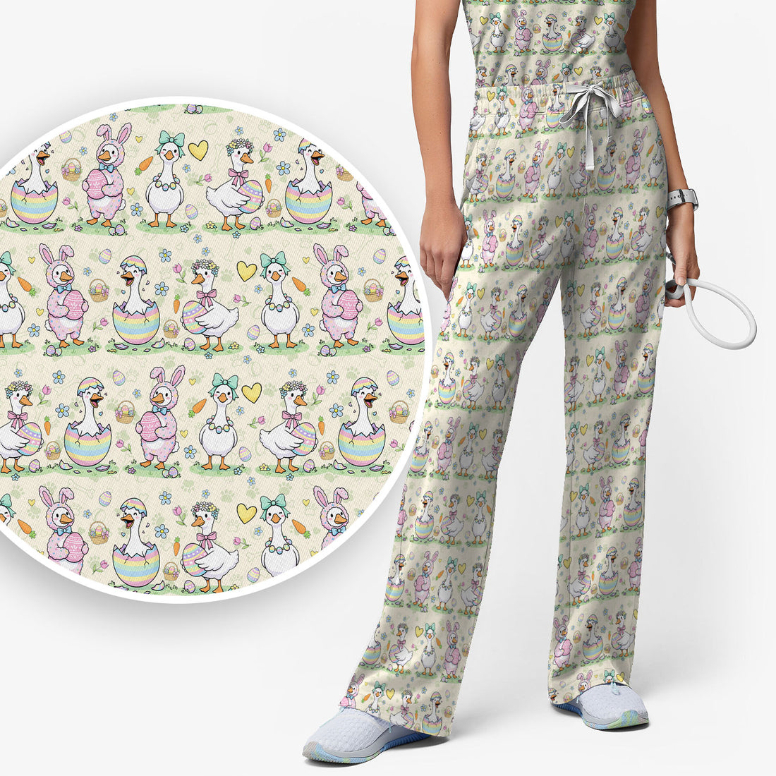 Spring Easter Goose and Bunny Print Scrub Set, Breathable Med Uniform