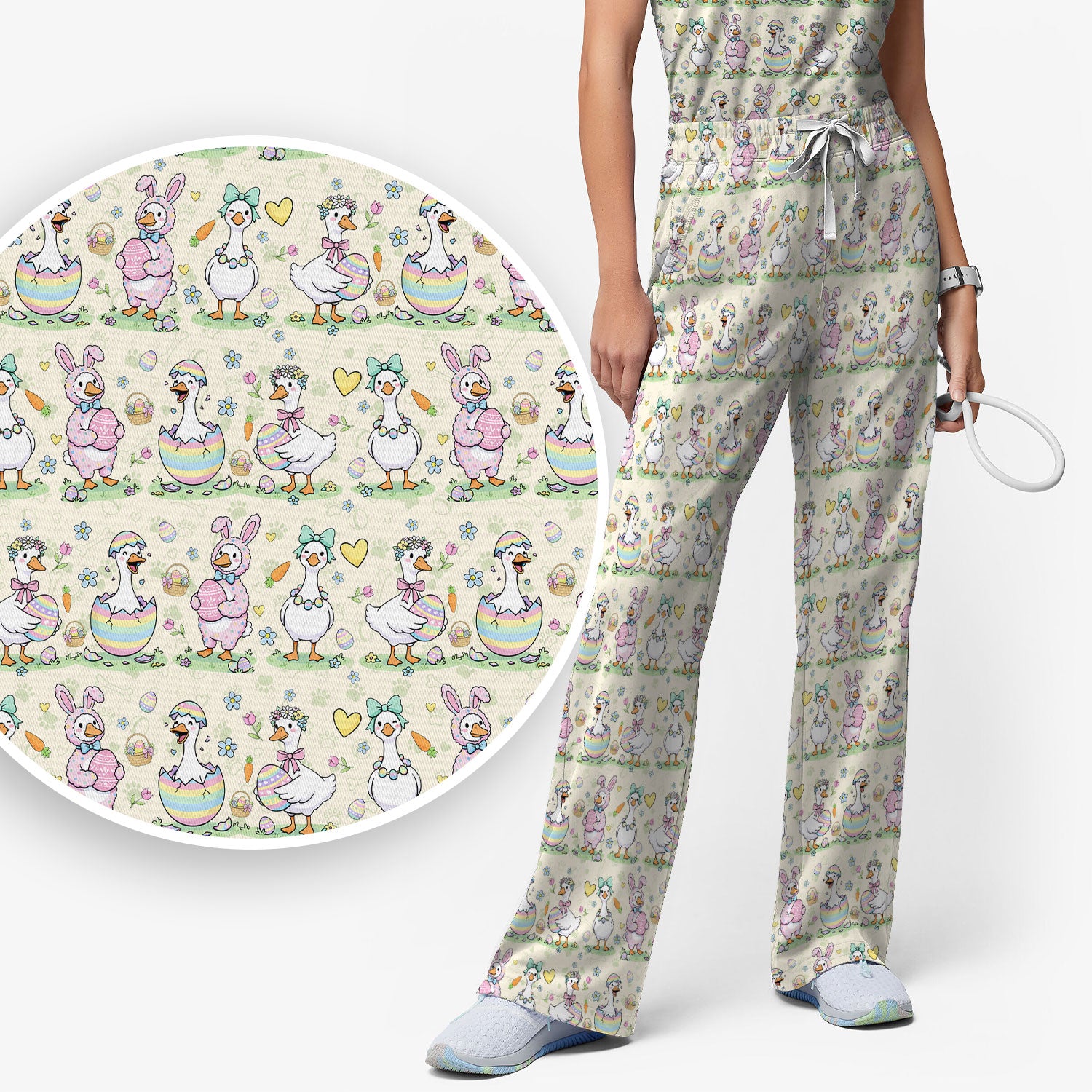 Spring Easter Goose and Bunny Print Scrub Set, Breathable Med Uniform
