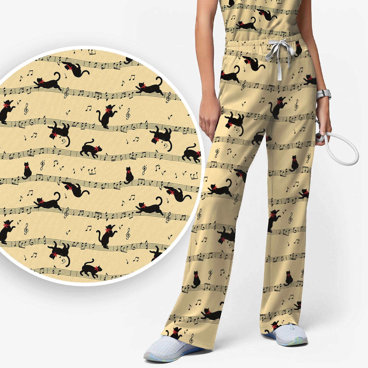 Cute Dancing Black Cat Music Staff Pattern Scrub Set, Scrub Pants and V Neck Top