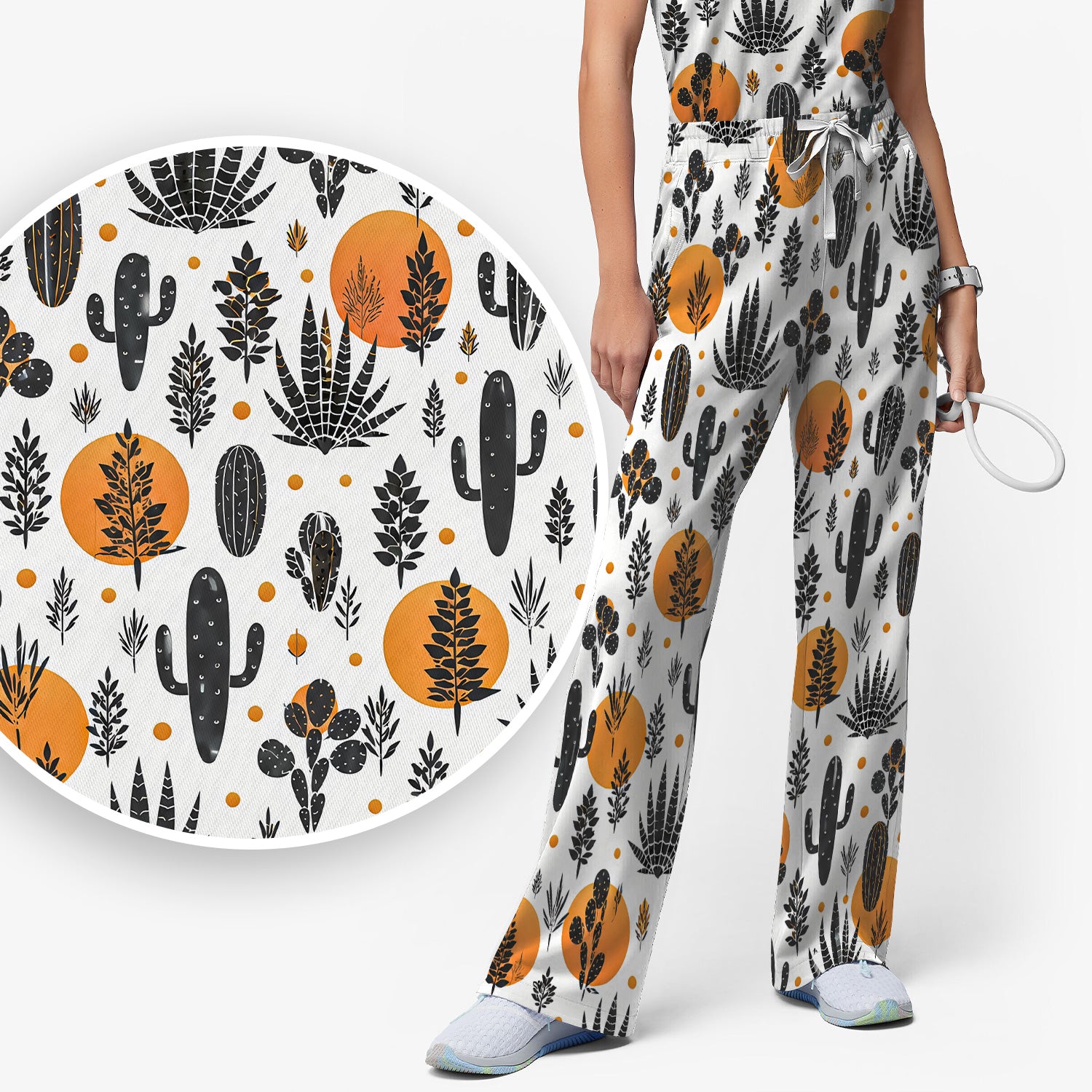 Desert Cactus Orange Sun Pattern Scrub Set, Scrub Pants and V Neck Top