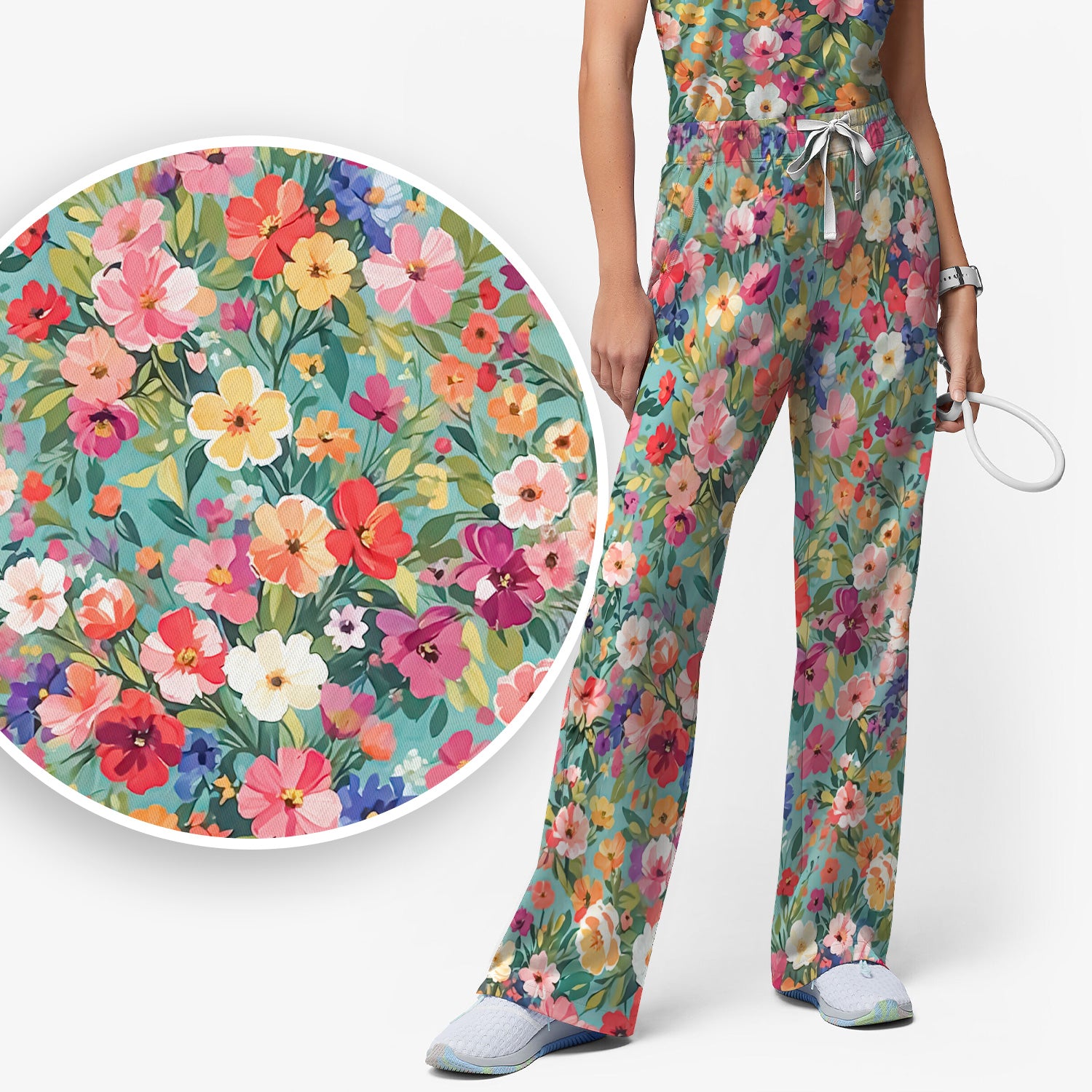 Colorful Wildflower Garden Bloom Scrub Set, Scrub Pants and V Neck Top