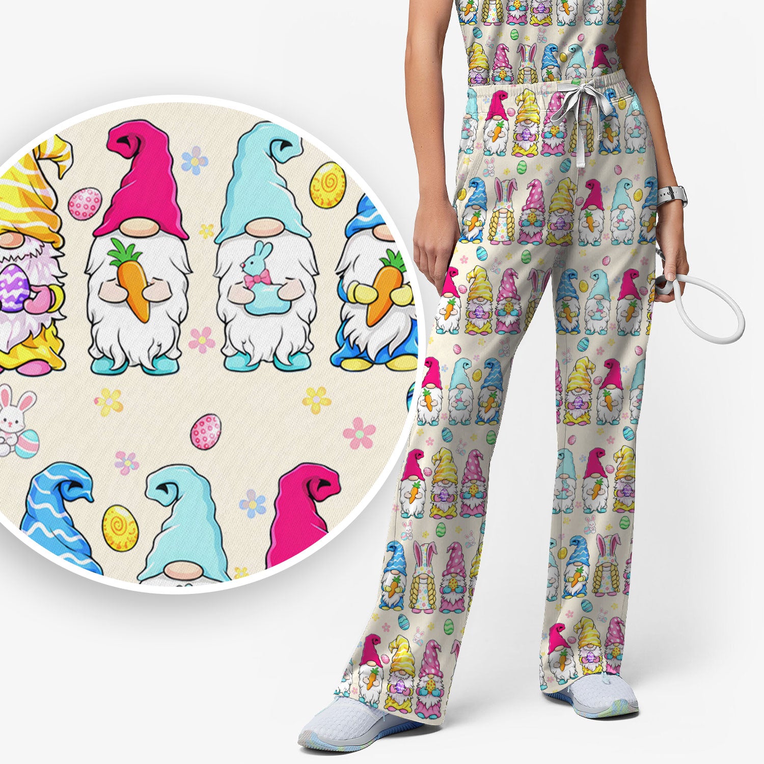 Colorful Easter Gnome Bunny Eggs Pattern Scrub Set, Women's Scrub Sets