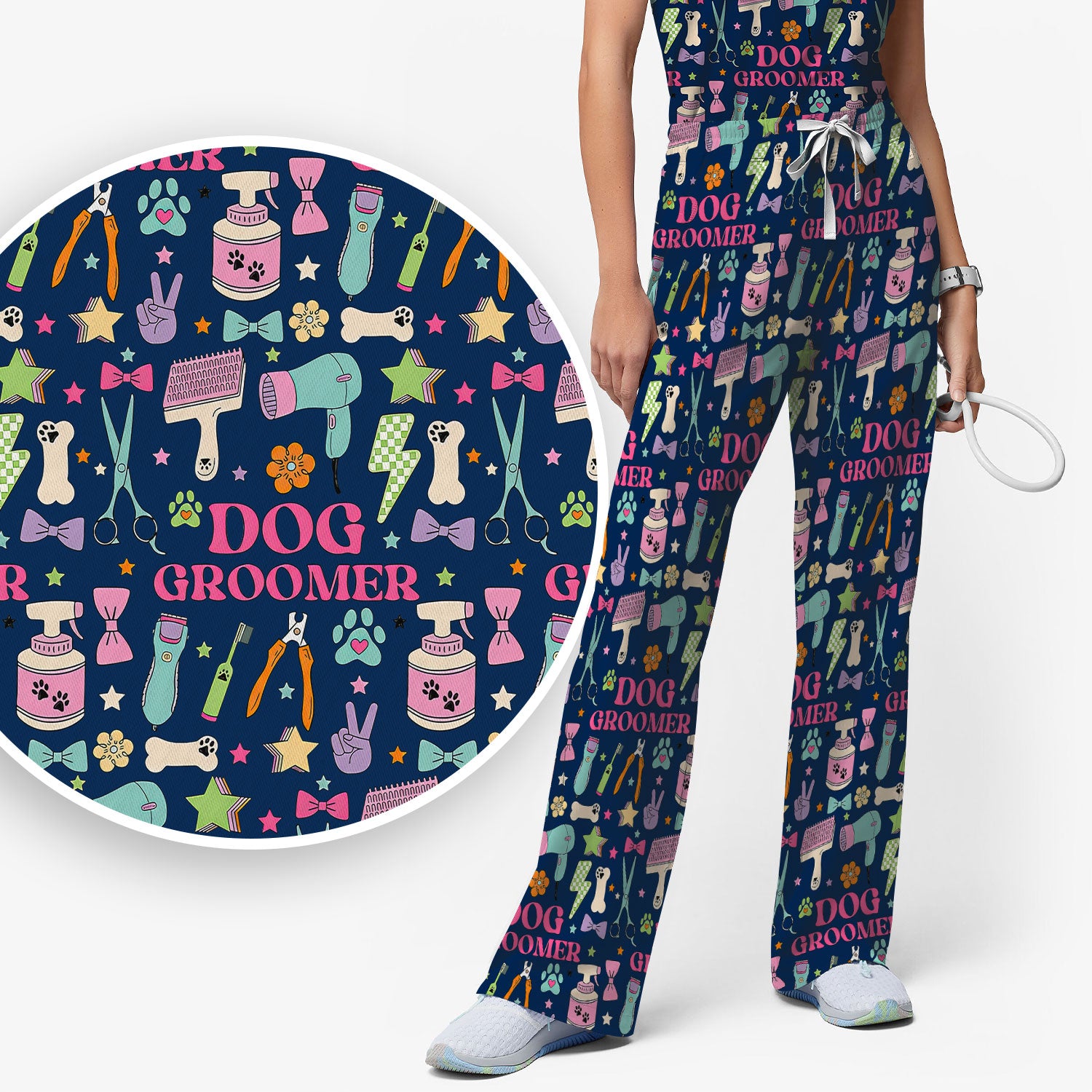 Dog Groomer Tools Pattern Women's Scrub Set, Scrub Pants and V Neck Top