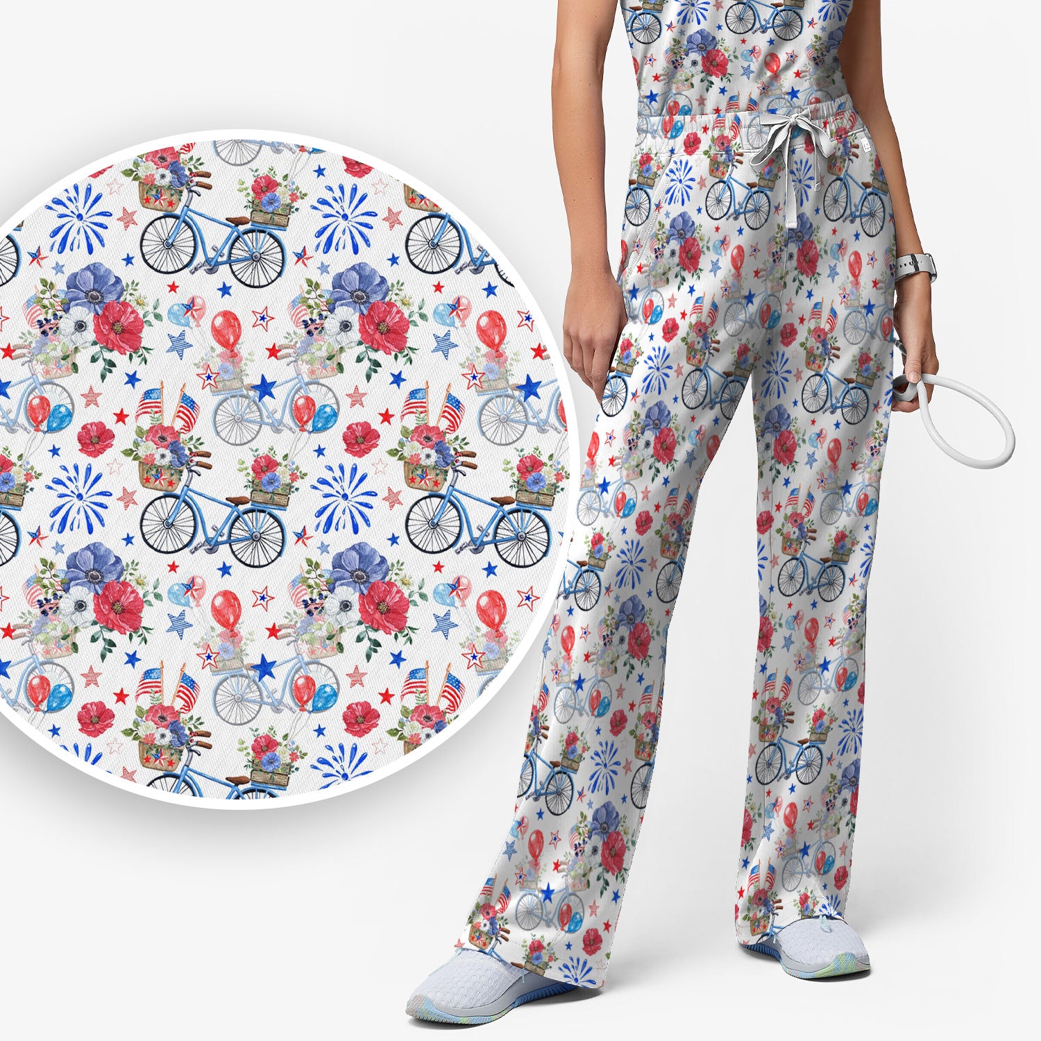 Patriotic Bicycle Floral Fireworks Print Scrub Set, Scrub Pants and V Neck Top