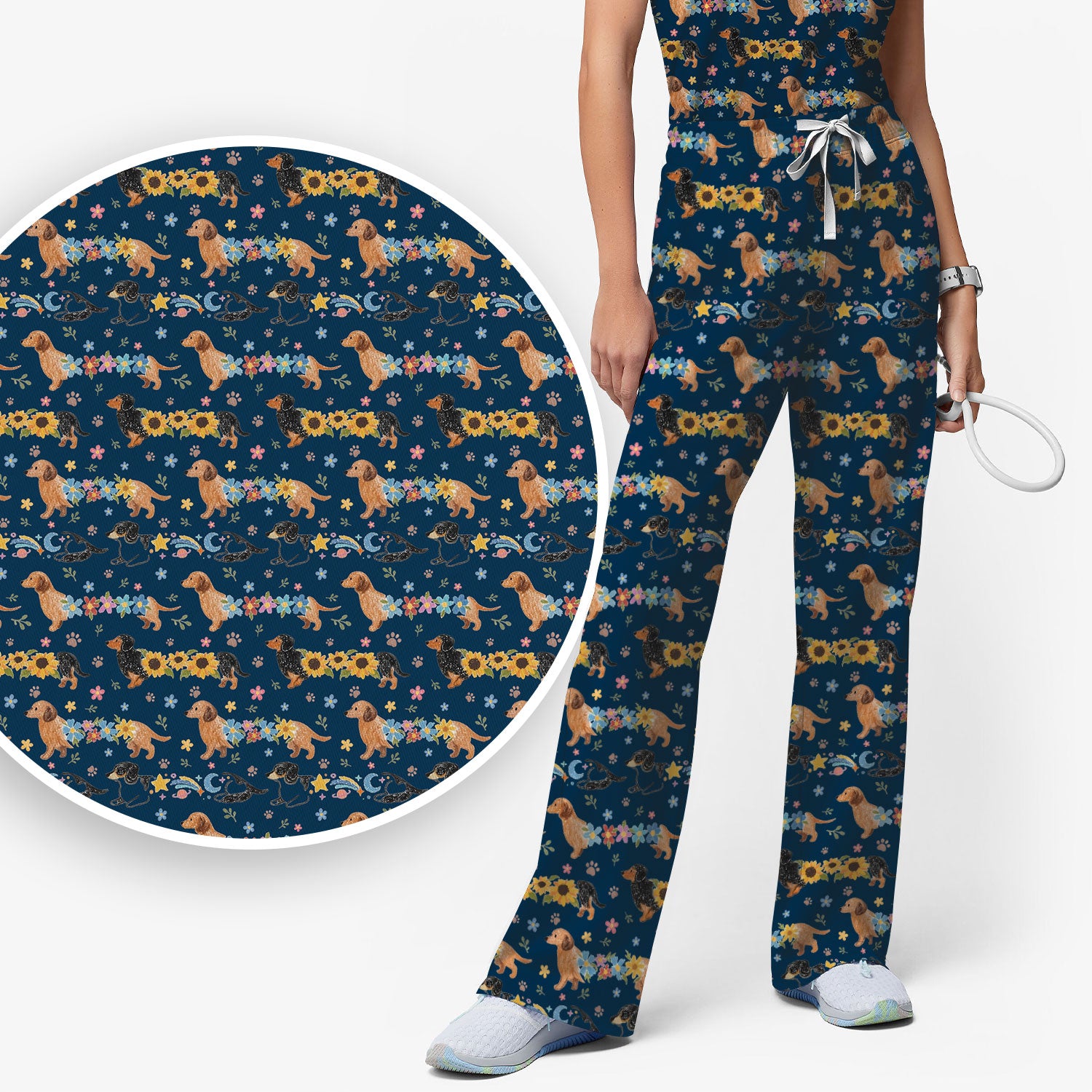 Floral Wiener Dog Pattern Scrub Set, Scrub Pants and V Neck Top