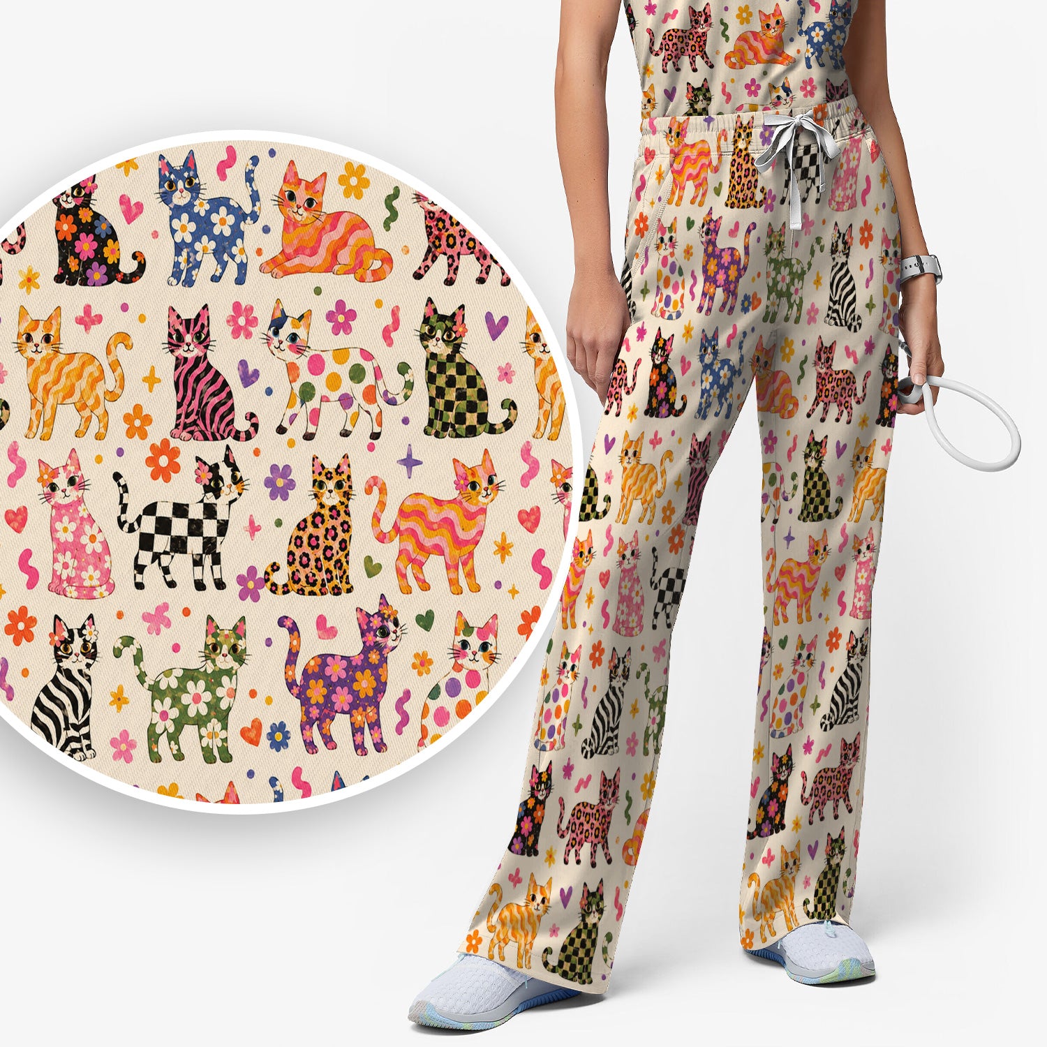 Colorful Cat with Floral Print Scrub Set, Scrub Pants and V Neck Top