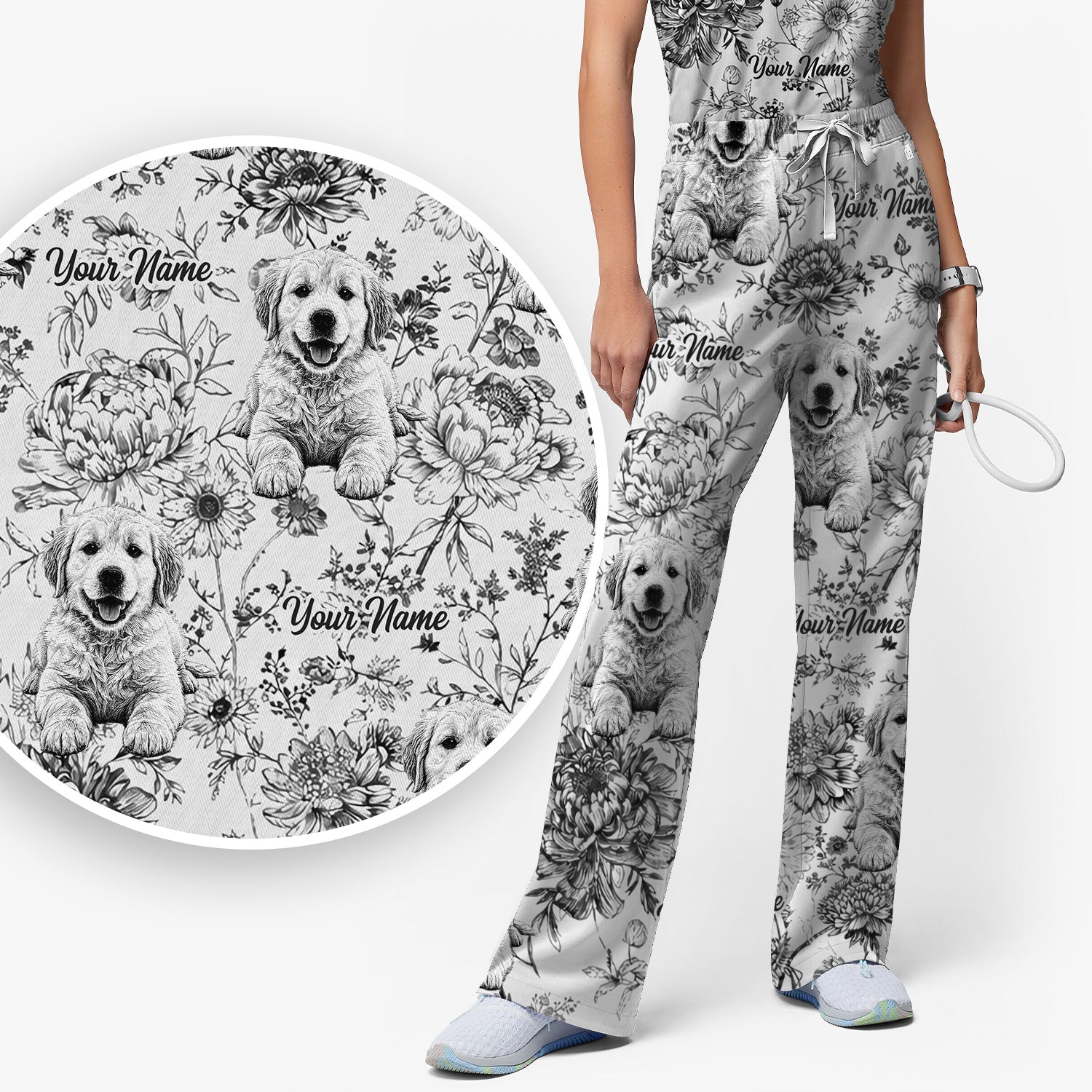 Personalized Custom Pet Photo Name Floral Pattern Scrub Set, Scrub Pants and V Neck Top