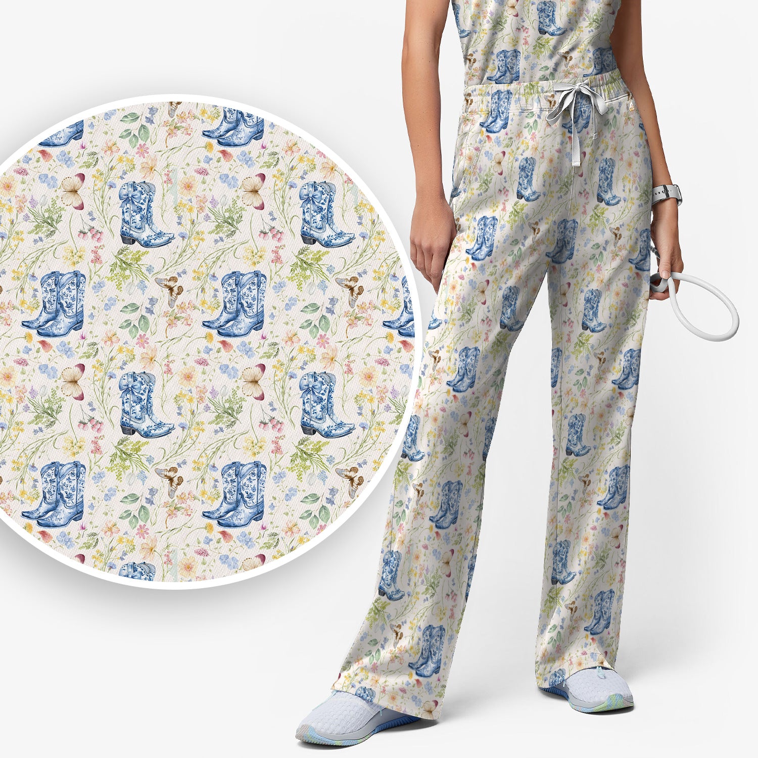Vintage Cowboy Boots With Western Floral Scrub Set, Scrub Pants and V Neck Top