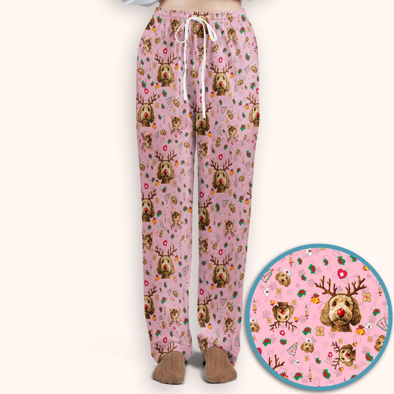 Christmas Labradoodle Scrub Set - Funny Reindeer Dog Nurse Pants and V Neck Top - Cute Holiday Medical Uniform