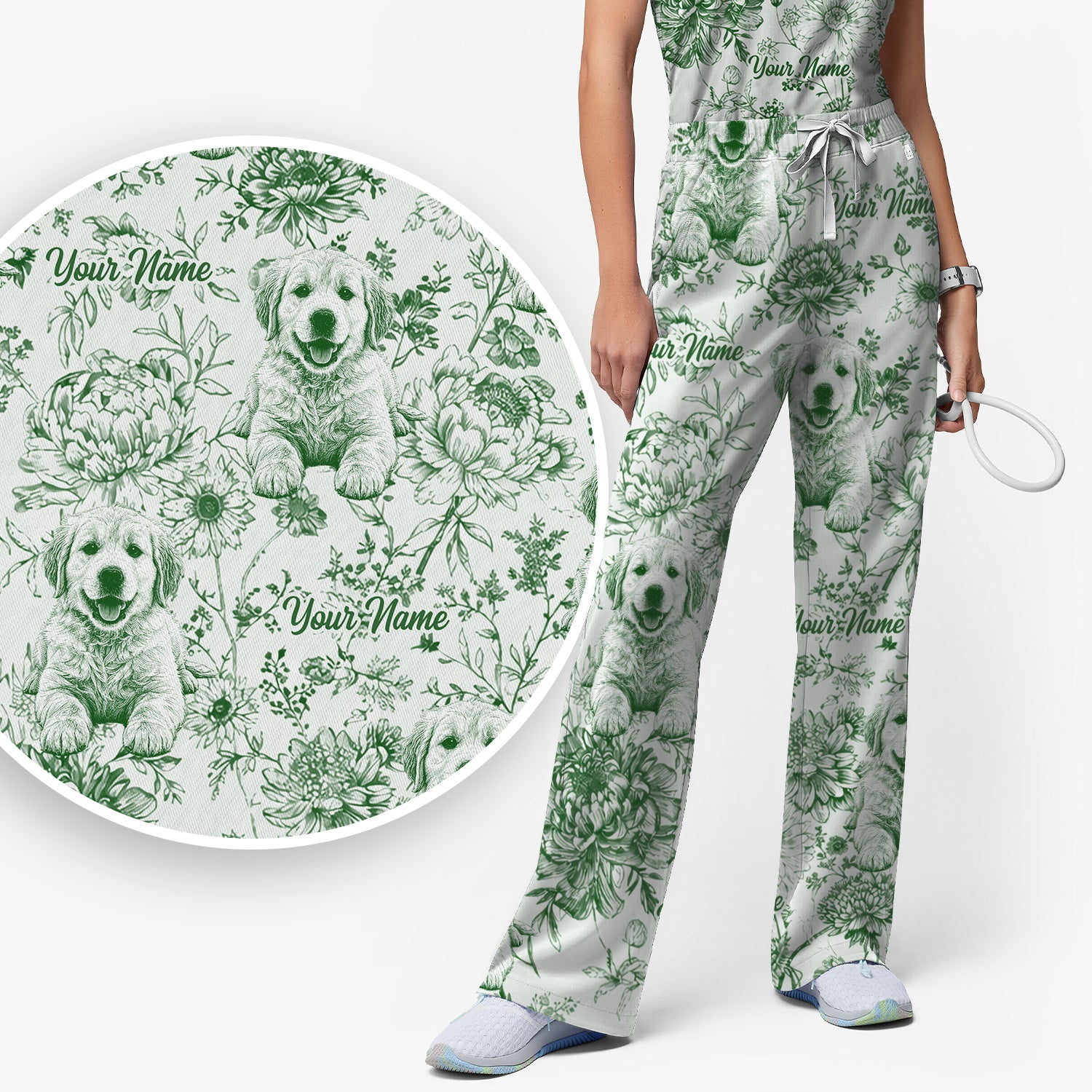 Personalized Custom Pet Photo Name Floral Pattern Scrub Set, Scrub Pants and V Neck Top