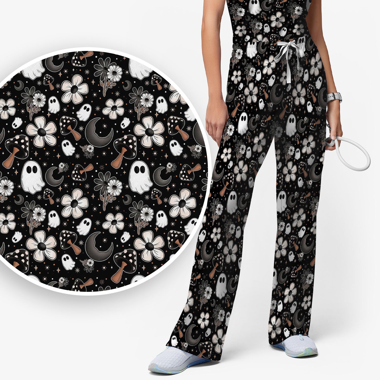 Floral Mushroom Ghost Pattern Scrub Set, Scrub Pants and V Neck Top