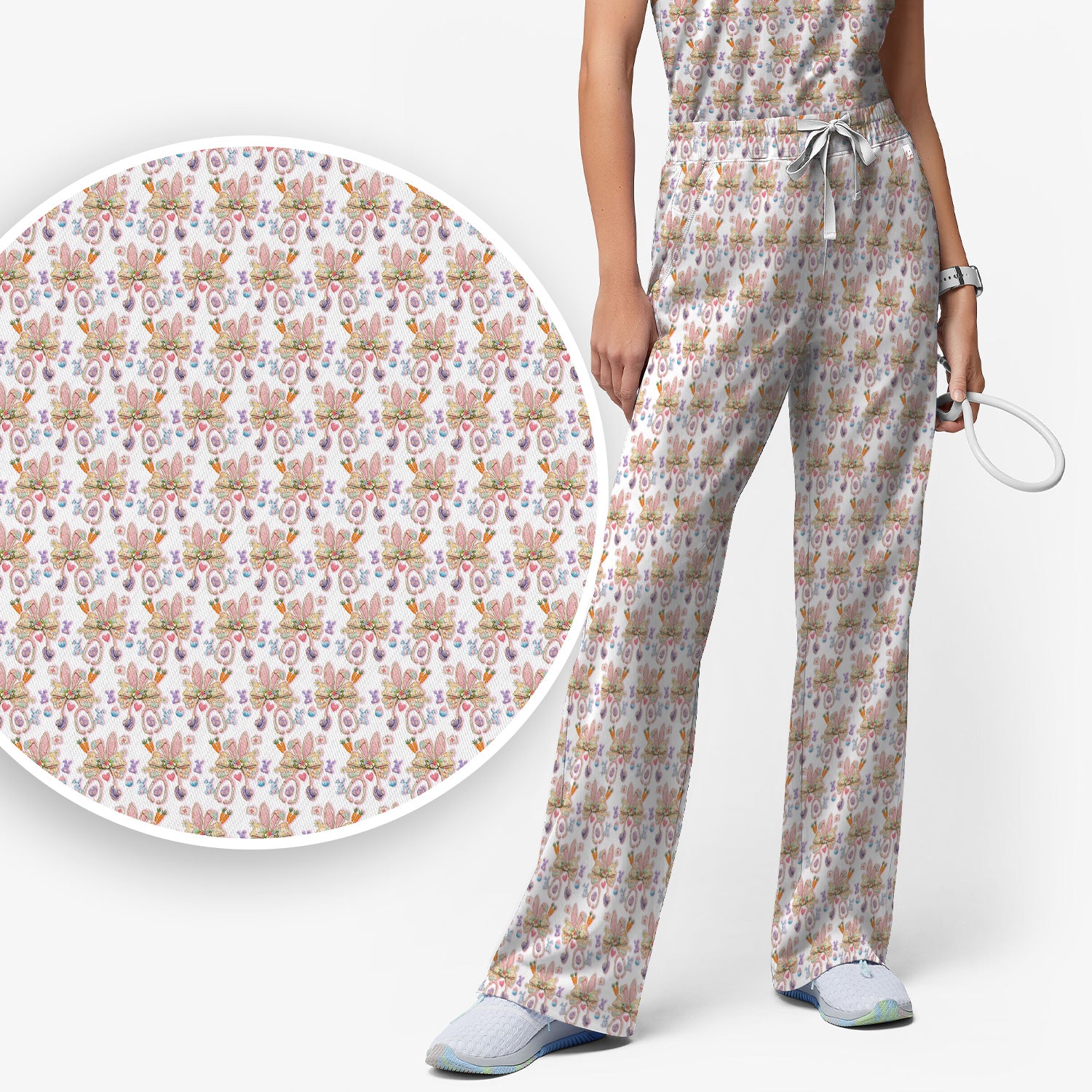 Easter Bunny Stethoscope Pastel Print Scrub Set, Scrub Pants and V Neck Top