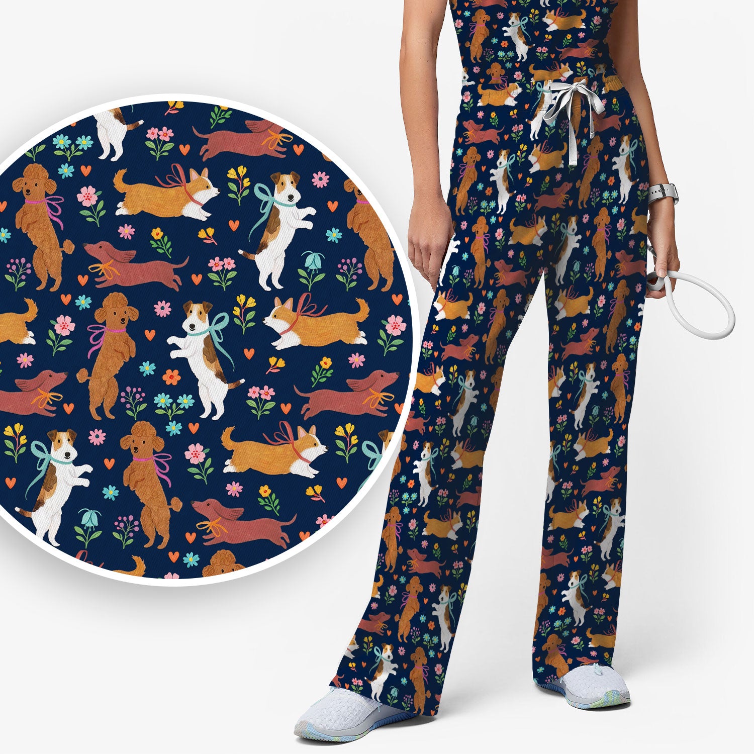 Cute Cartoon Dog Print Women's Scrub Set, Scrub Pants and V Neck Top