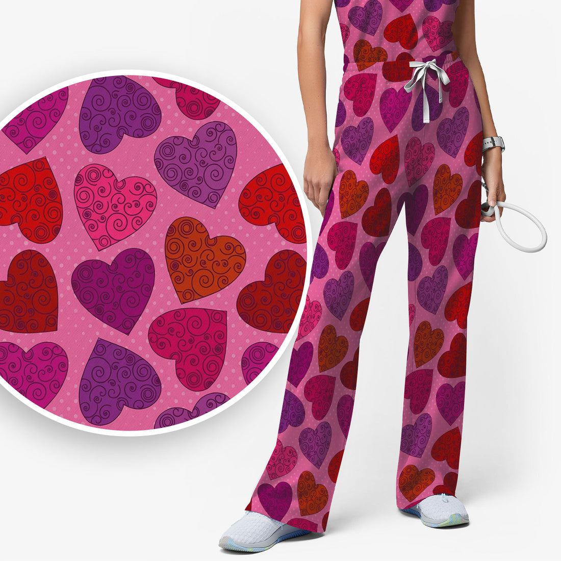Women’s Pink Heart Scrub Set, Valentine Heart Pattern Nurse Shirt, Comfortable Scrubs For Nursing