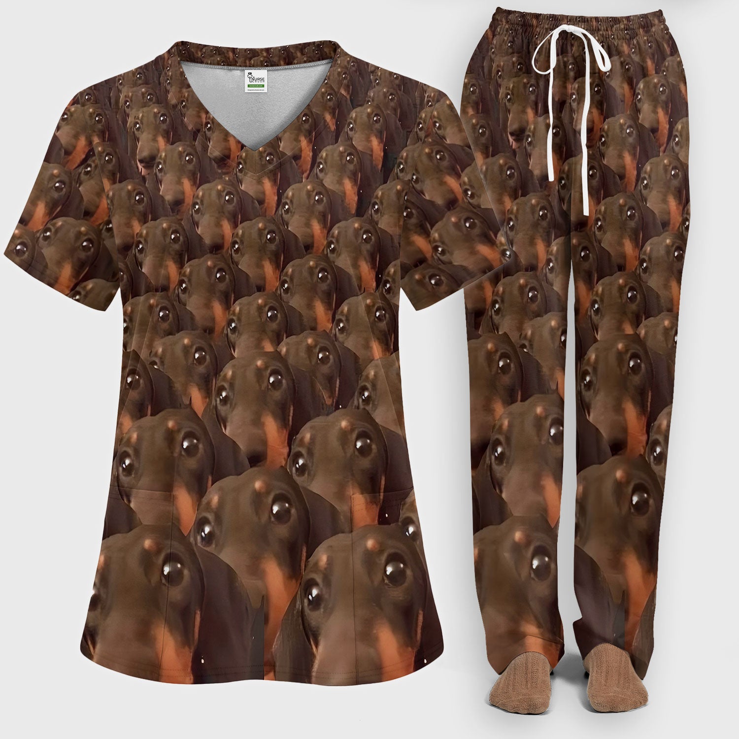 Funny Dachshund Scrub Set for Women - Cute Sausage Dog Pattern Med Uniform - Weiner Lover Gift for RN LPN CNA