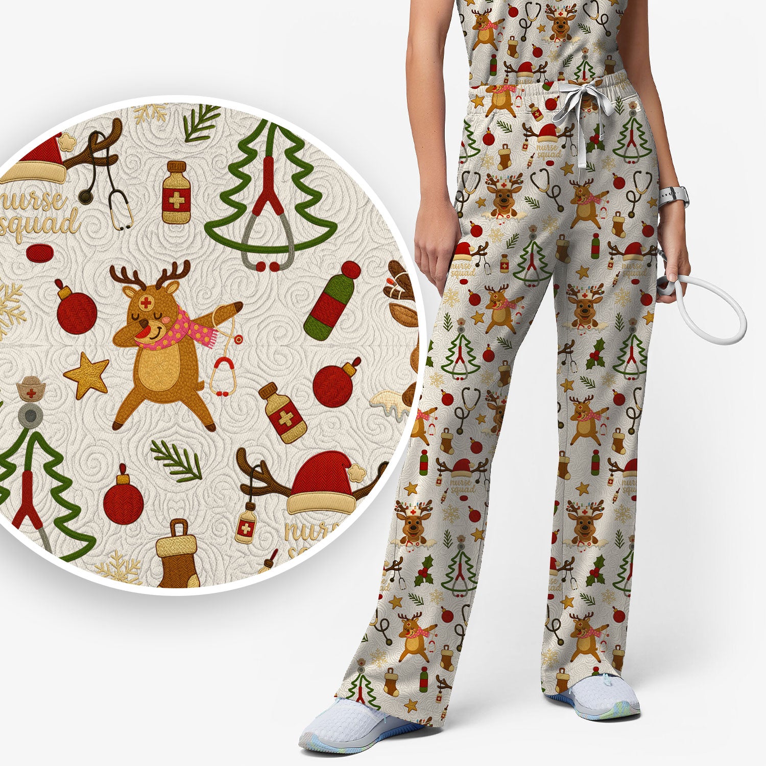 Christmas Reindeer Nurse Scrub Set for Women - Cute Holiday Pattern Scrub Top and Pants - Funny Festive Nursing Outfit Gift for RN LPN CNA