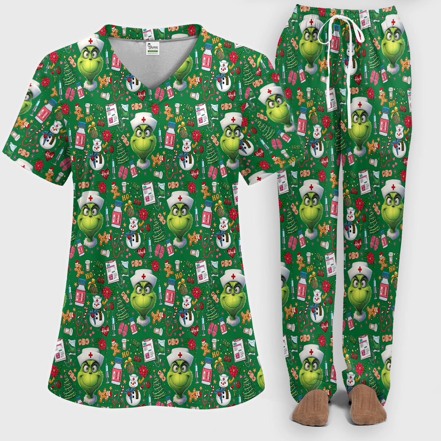 Merry Grinchmas Scrub Set for Women - Comfortable Nursing Pants - Christmas Medical Uniform - Holiday Ugly Sweater Gift for Her