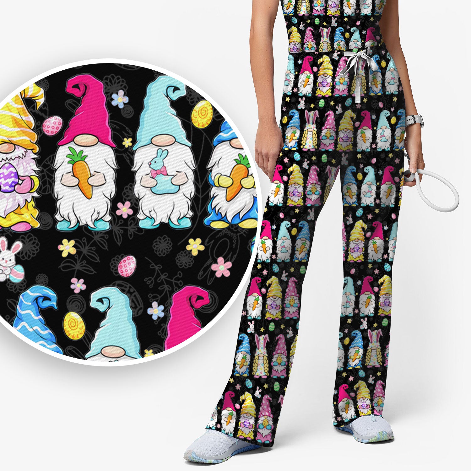 Colorful Easter Gnome Bunny Eggs Pattern Scrub Set, Women's Scrub Sets