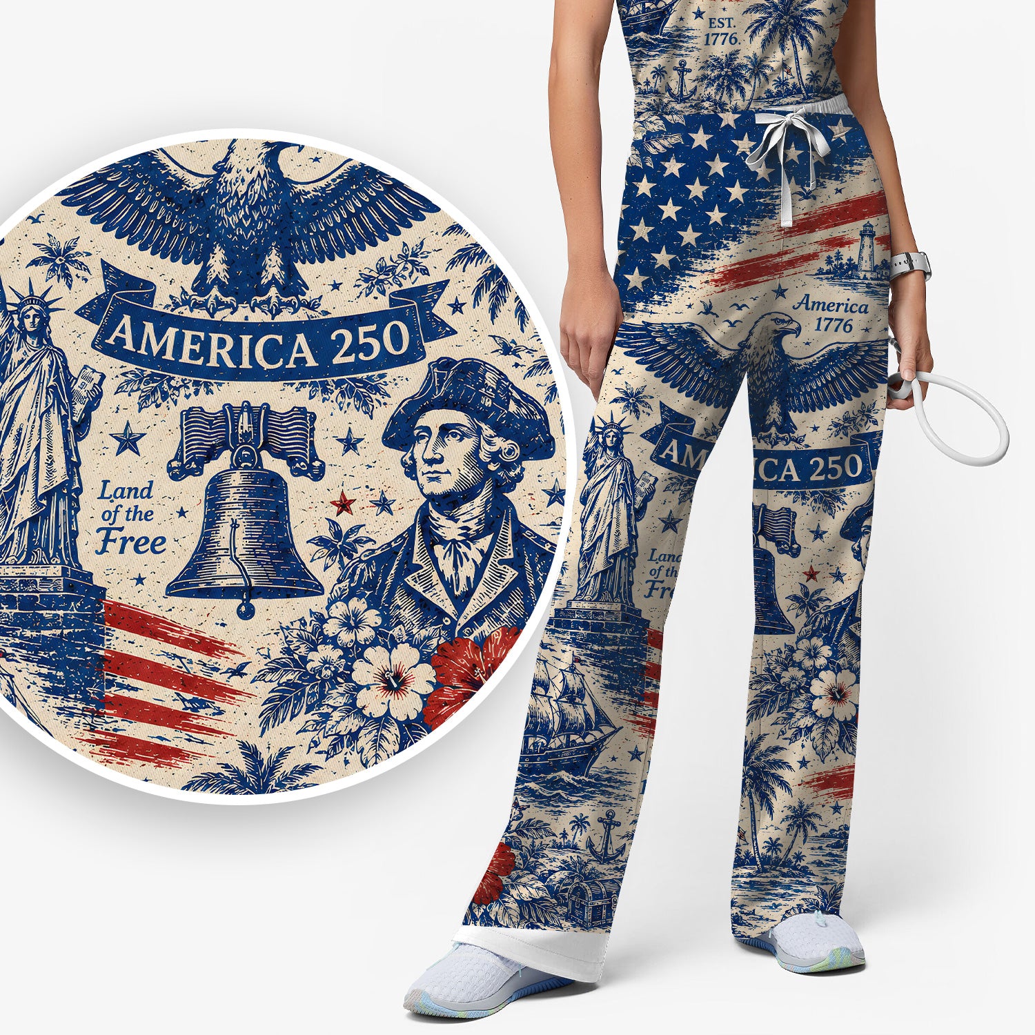 America 250 Eagle Liberty Pattern Scrub Set, Scrub Pants and V Neck Top