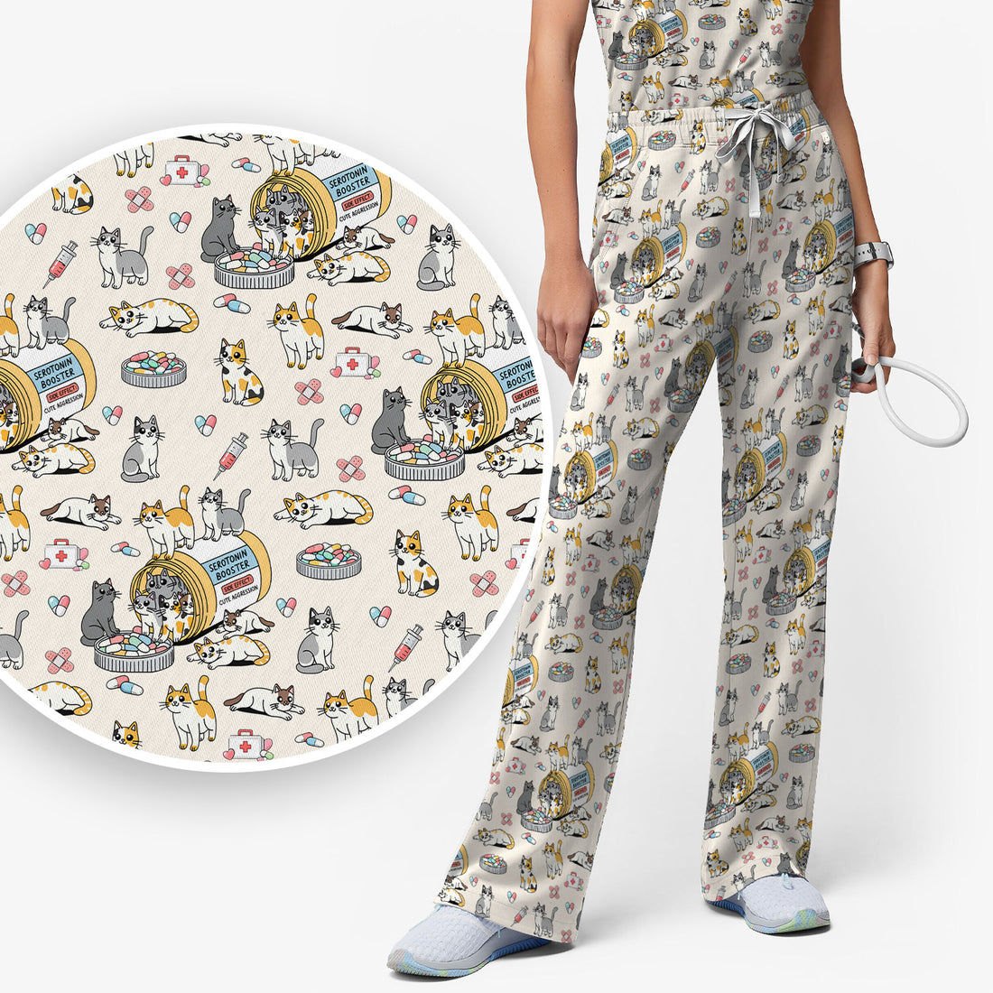 Cute Cat Serotonin Booster Pattern Women's Scrub Set, Breathable Med Uniform