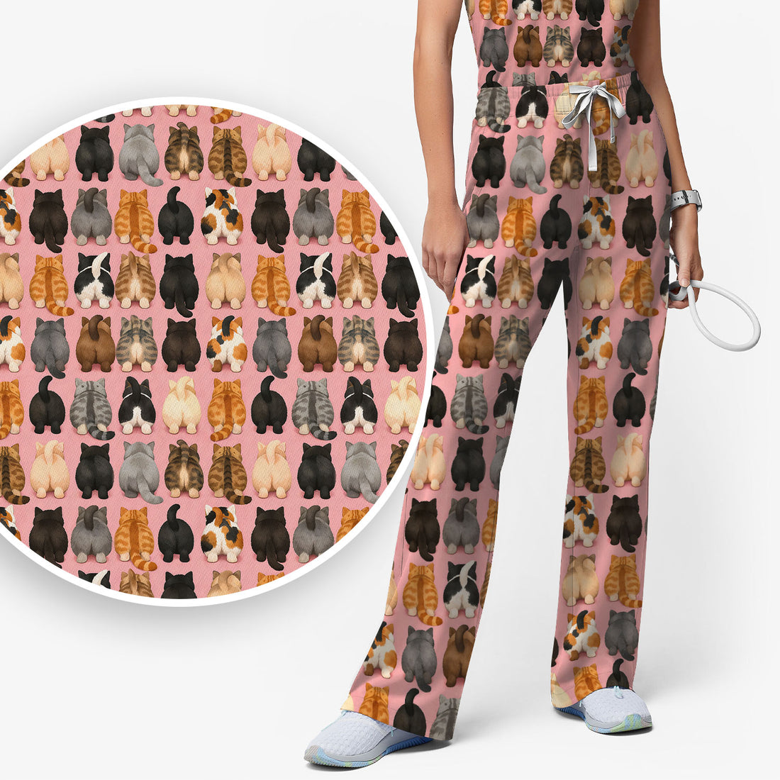 Cute Cats Back View Pattern Scrubs Sets, Scrub Pants and V Neck Top