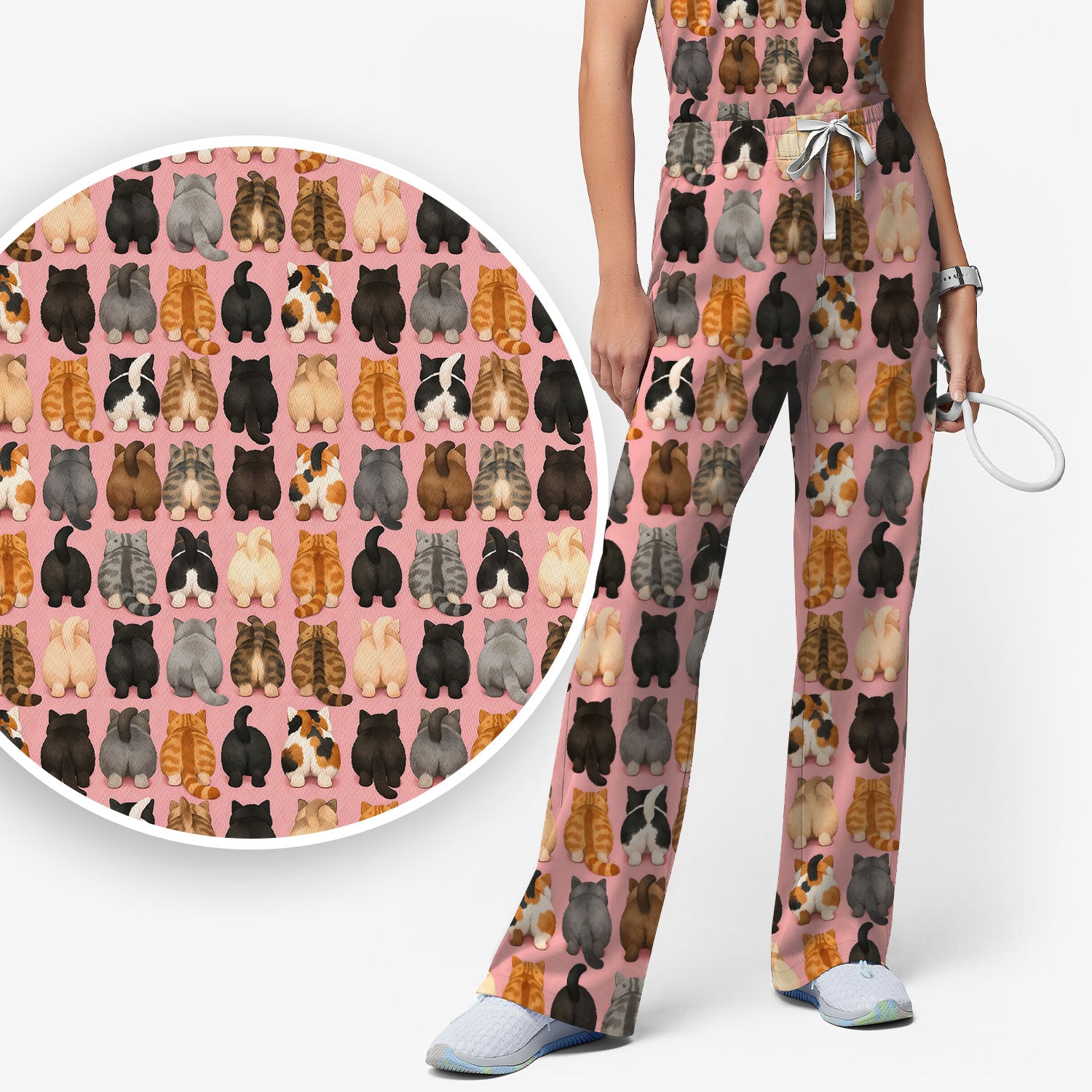 Cute Cats Back View Pattern Scrubs Sets, Scrub Pants and V Neck Top